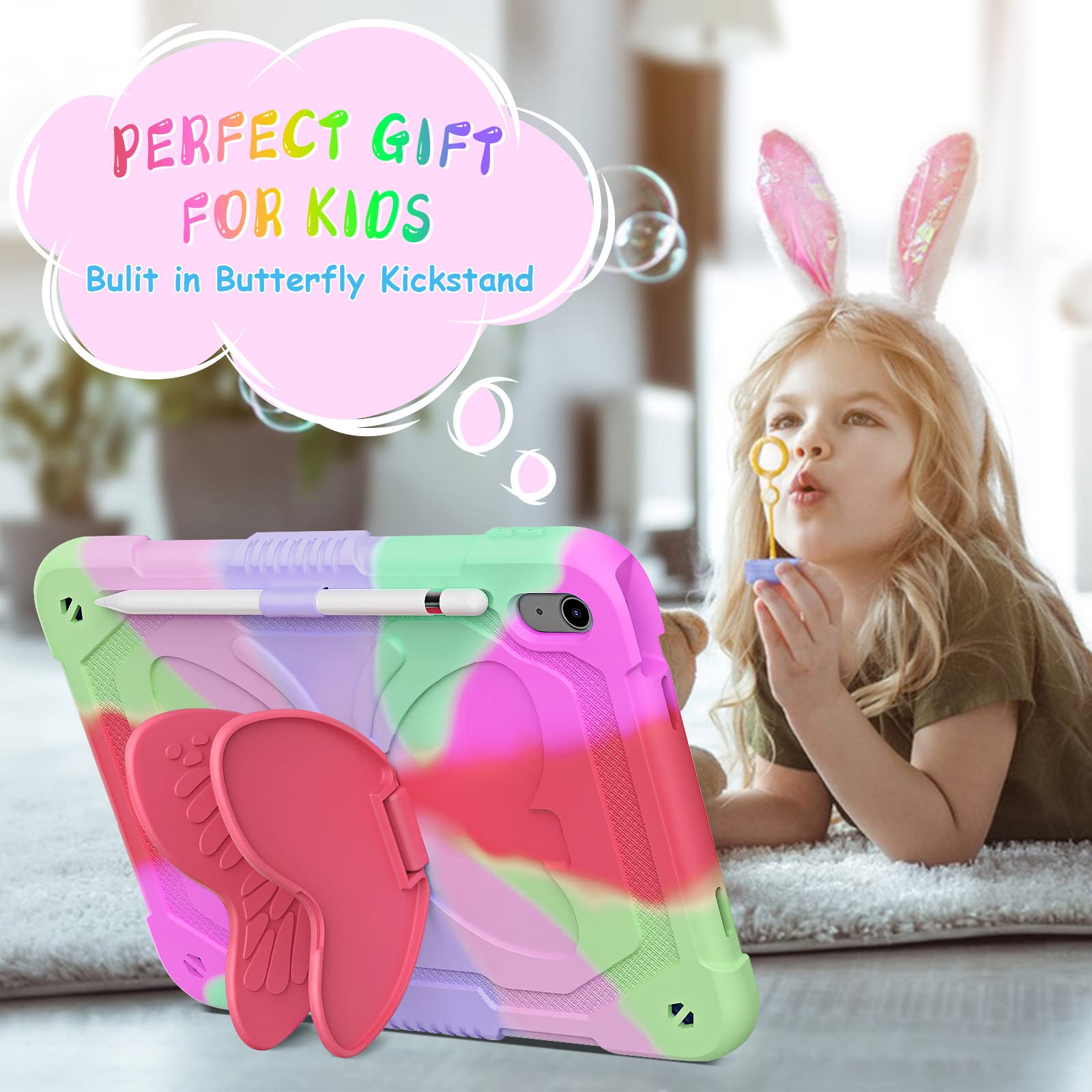 Ambison Case For Ipad 10Th Generation 2022 10.9 Inch For Kids Girls,With 9H Tempered Glass Screen Protector, Rugged Heavy Duty Shockproof Protective Case With Butterfly Stand,Carrying Strap Rose Red