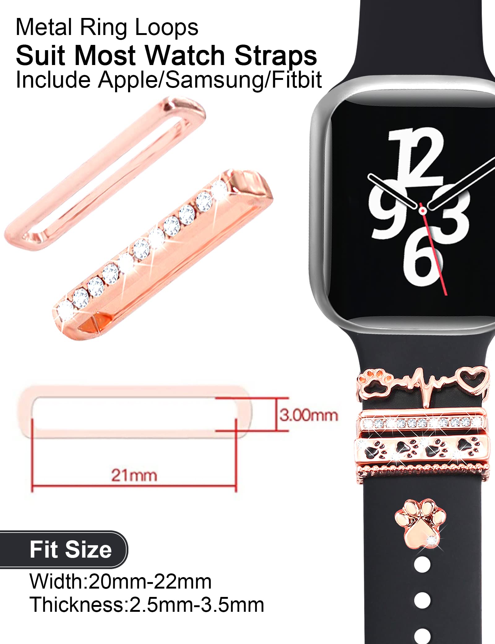 Jr.Dm 13 Pcs Rose Gold Watch Band Charms With 10 Pcs Decorative Rings Loops 3 Pcs Decoration, Compatible With Apple Watch Band M