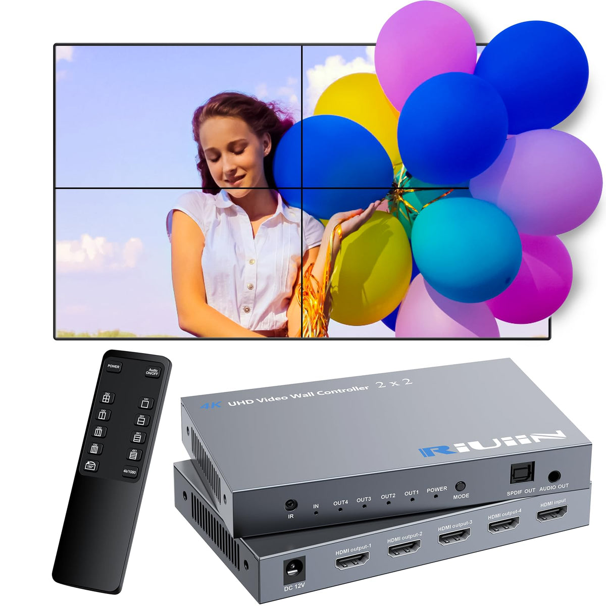 Riuiin Video Wall Controller With 12 Modes, Hdmi Or Usb-C 4K Input Tv Wall Controller, Tv Wall Processor, 180 Rotation, Audio, A