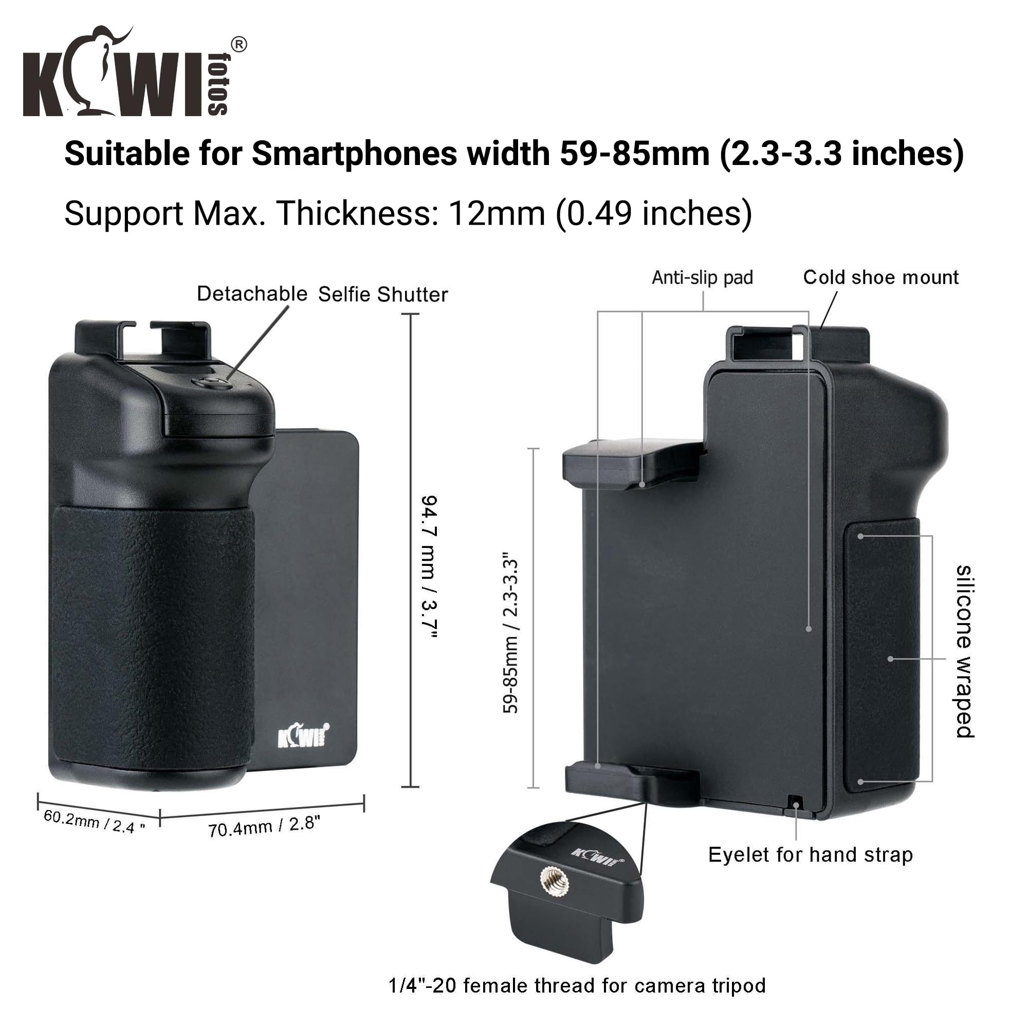 Kiwifotos Phone Camera Grip Handle Holder Phone Tripod Mount With Detachable Remote Shutter & Cold Shoe Adapter For Iphone 14 15
