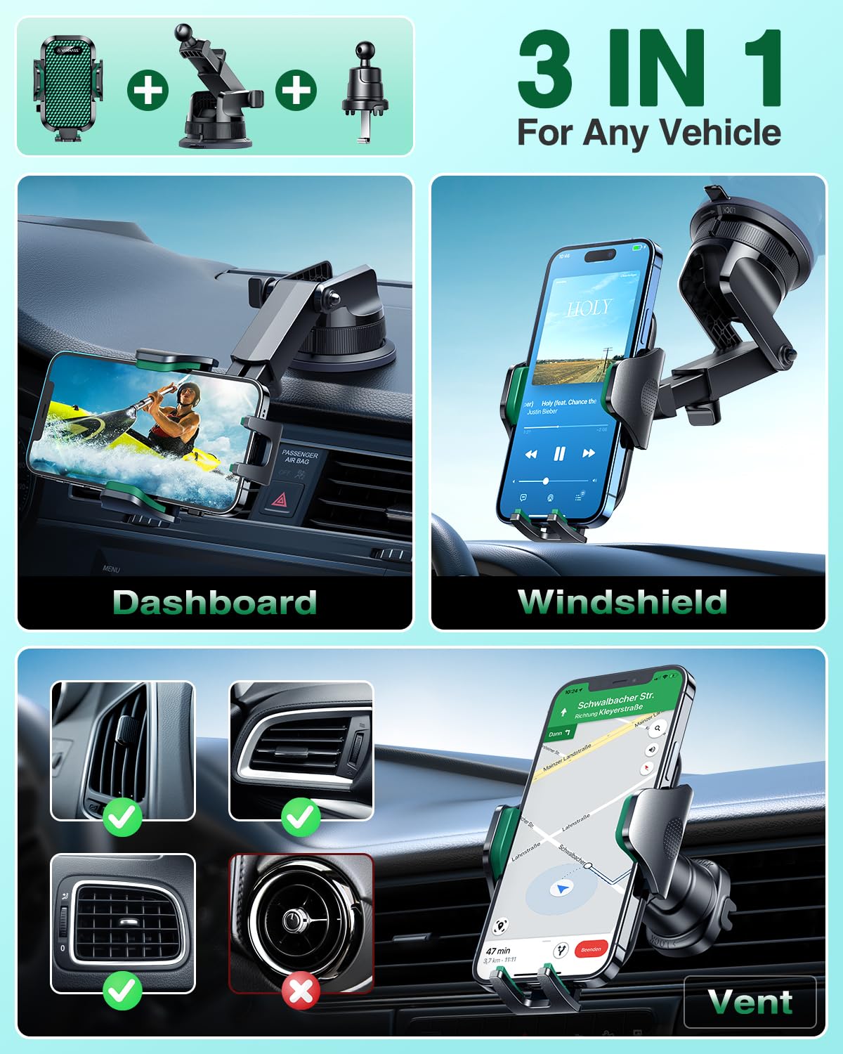 Vanmass [True Military Grade] Car Phone Holder [2024 Strongest Suction & Clip] Cell Phone Mount For Dashboard Windshield Vent Tr