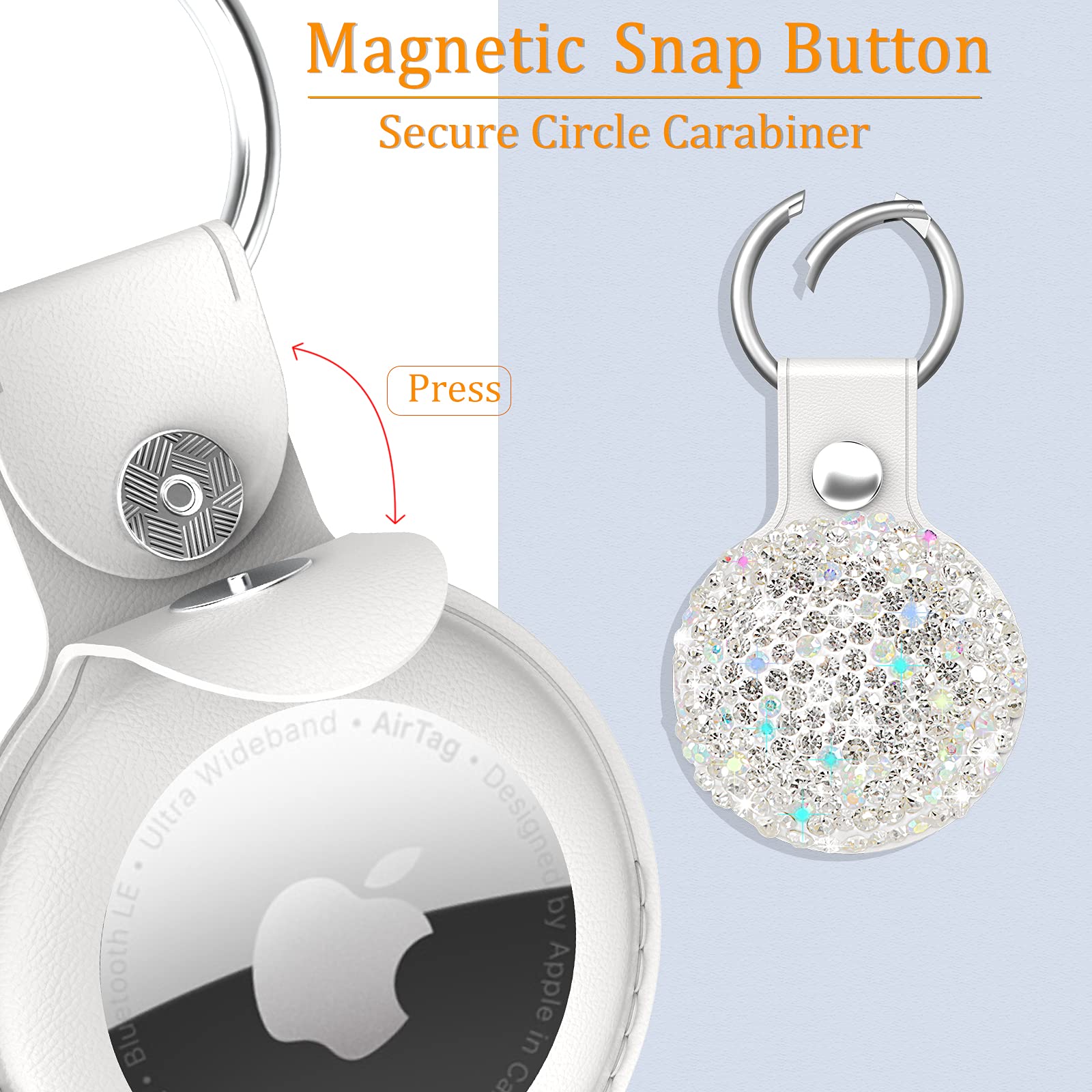 Qearfun Bling Diamond Apple Airtag Case, Sparkly Leather Airtag Keychain Holder With Shiny Rhinestone, Glitter Girly Fancy Apple