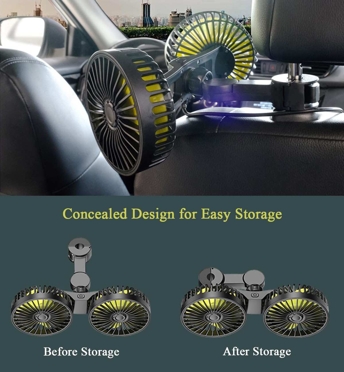 Asandh Car Fan, Dual Head Usb Car Fans For Backseat For Kids, 3 Speed Air Speed And 360 Rotating Rear Seat Cooling Carseat Fan 5