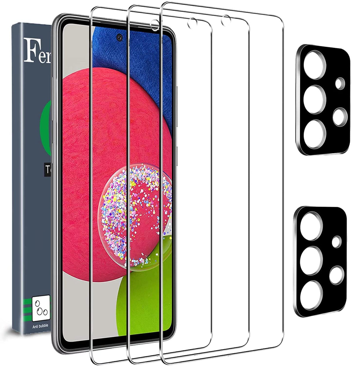 Ferilinso [5 Pack 3 Pack Screen Protector + 2 Pack Camera Lens Protector For Samsung Galaxy A52 4G&5G/ A52S 5G [Hd] [Tempered Gl