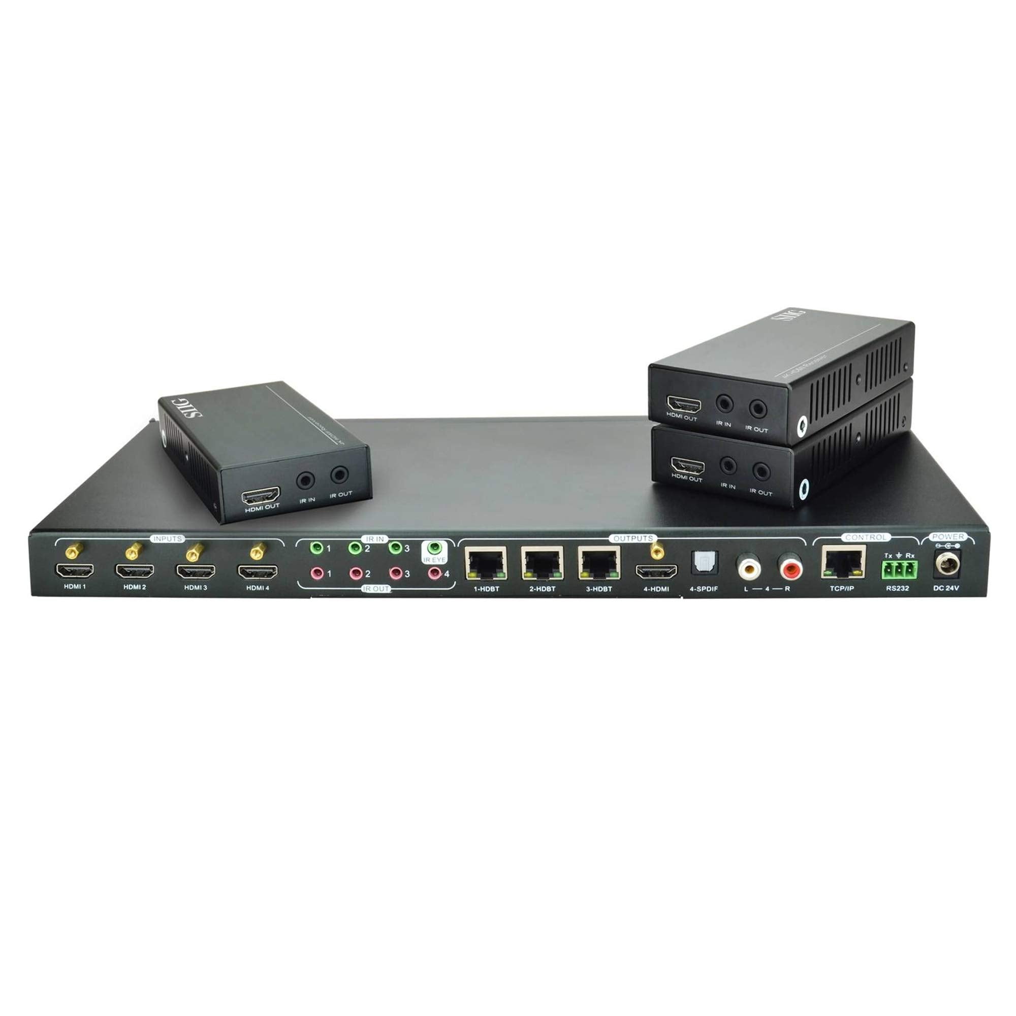 SIIG AC CEH23W11S1 HDMI HDBaseT 4x4 4K Matrix Kit source devices Brown Box