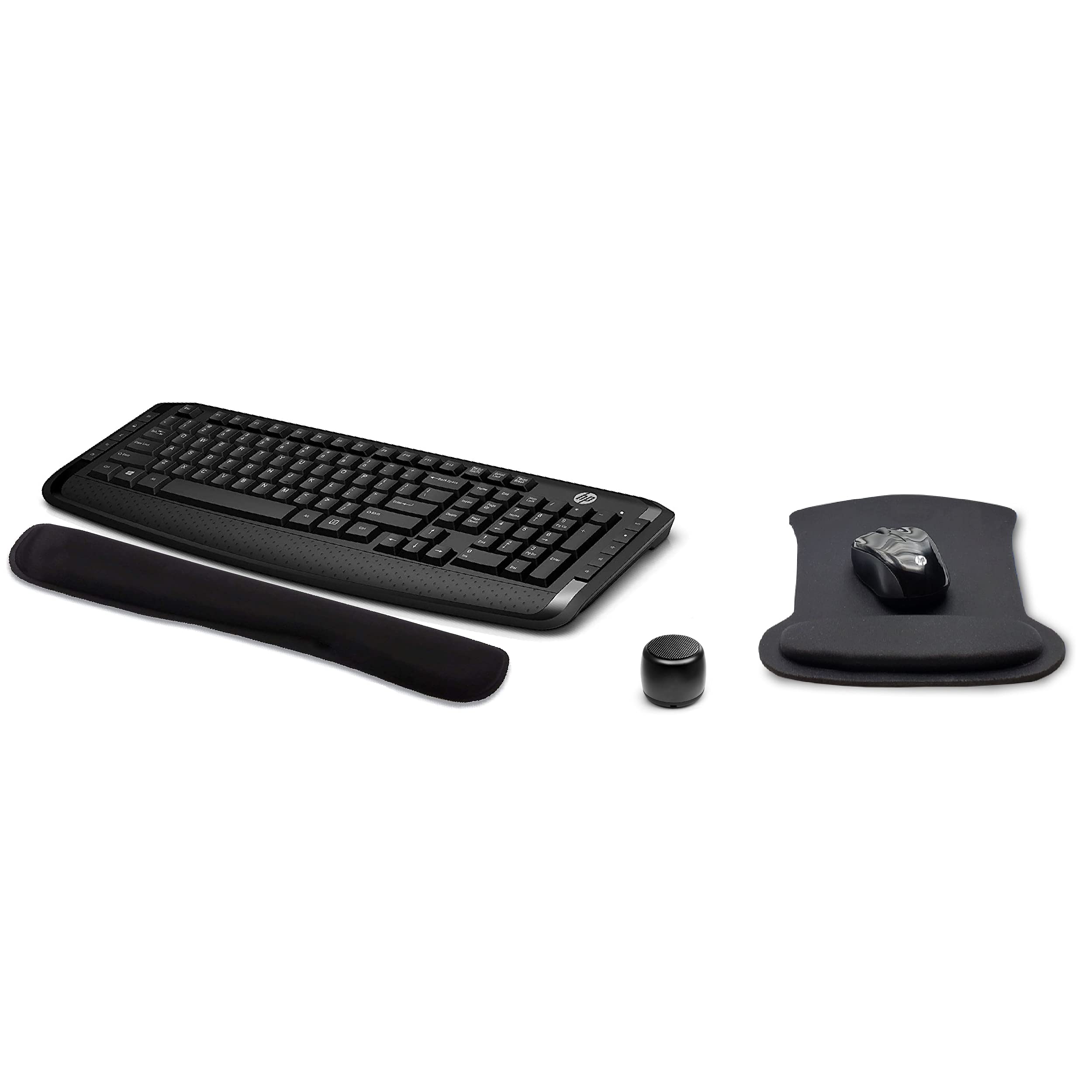 HP 300 Wireless Keyboard and Mouse Bundle with Waverest Gel Pads and Micro Bluetooth Speaker, Professional Sound, Builtin Mic a