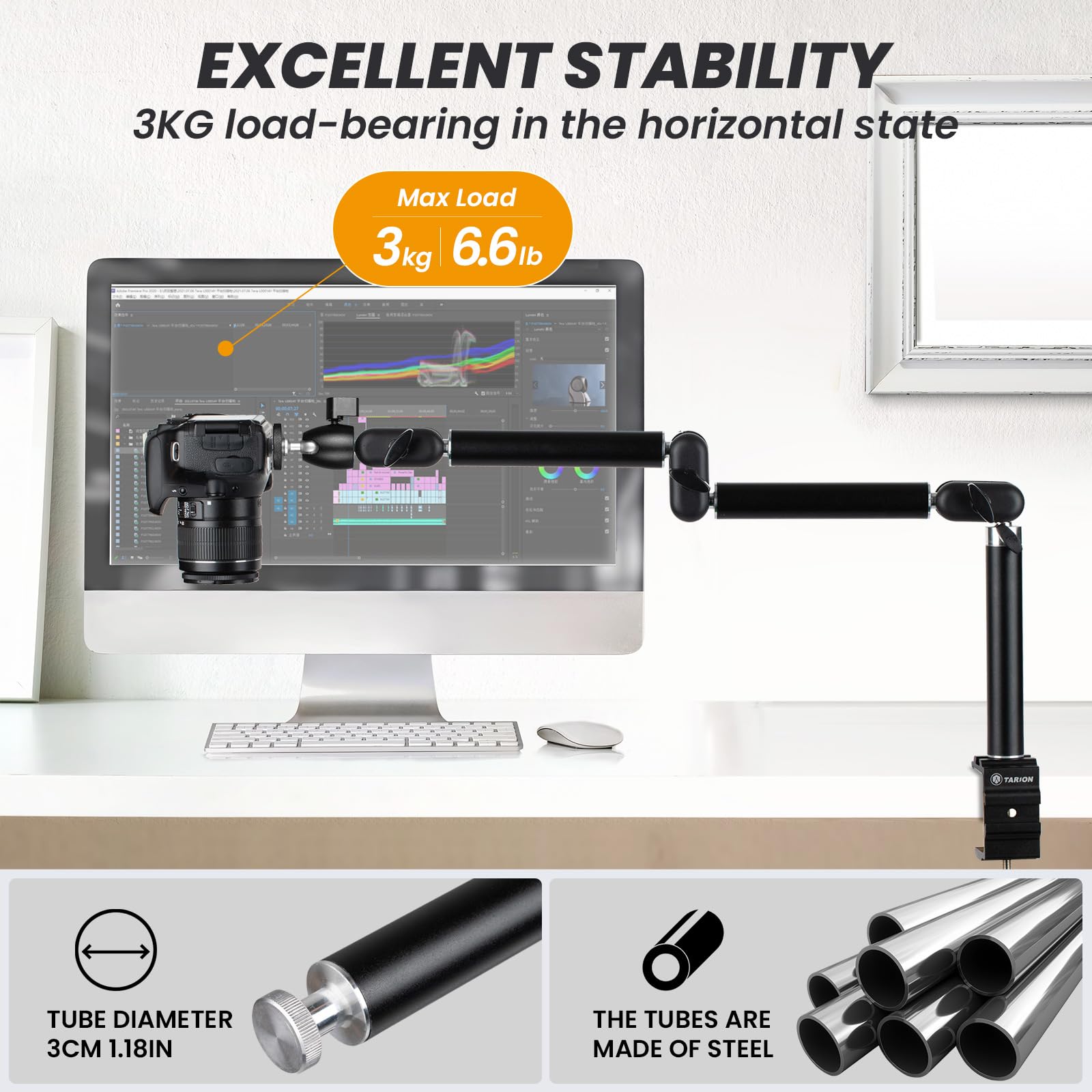 Tarion Top Tripod Camera Desk Mount 360�Flexible Articulating Arm With 3/8'' Screw And 3/8'' To 1/4'' Screw For Dslr Cameras Projector Light Ring (M)