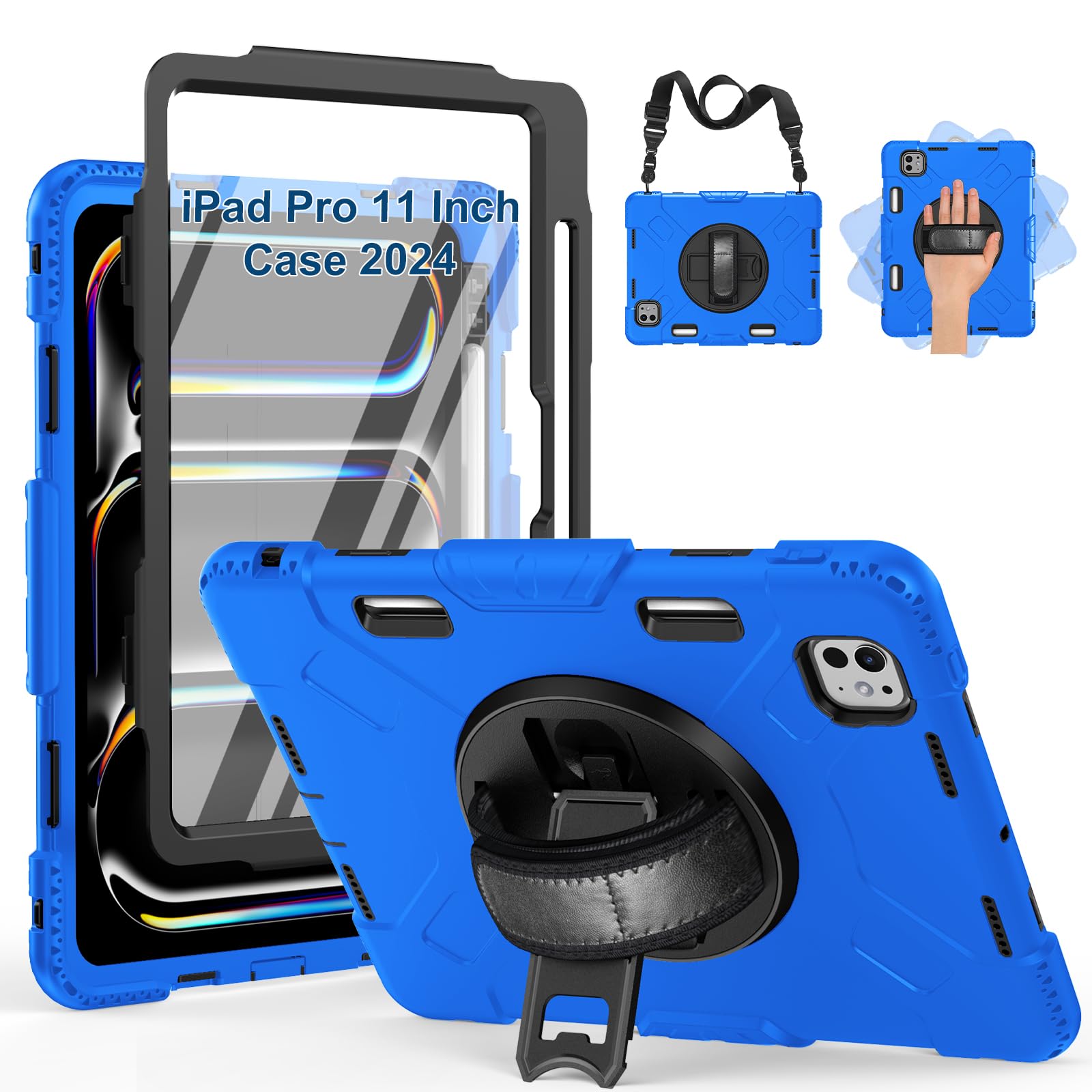 Supfives Case For Ipad Pro 11 Inch 2024 (5Th Gen), With Screen Protector/Shoulder Strap/Pencil Holder/Handle/Rotating Stand, Blu