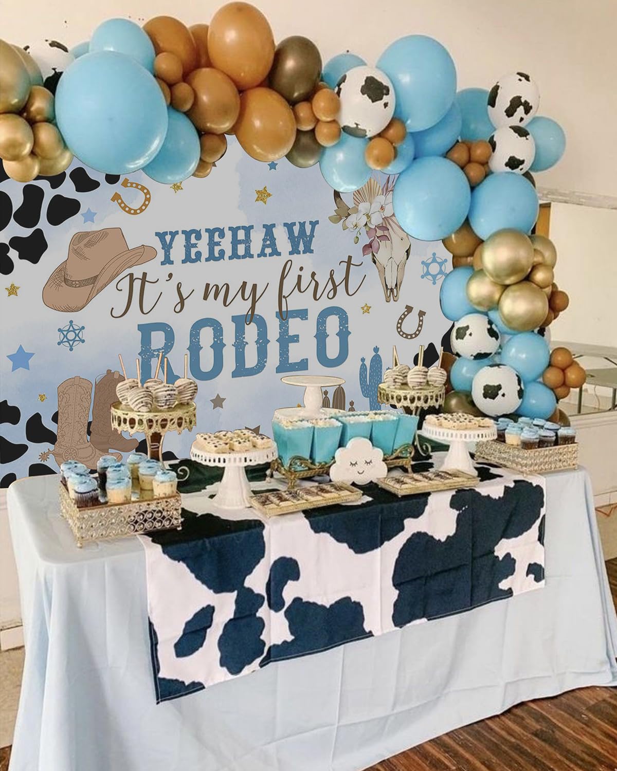 Mocsicka Western Cowboy Birthday Backdrop My First Rodeo Party Decorations Boy Wild West Blue Cowboy Birthday Cake Table Banner