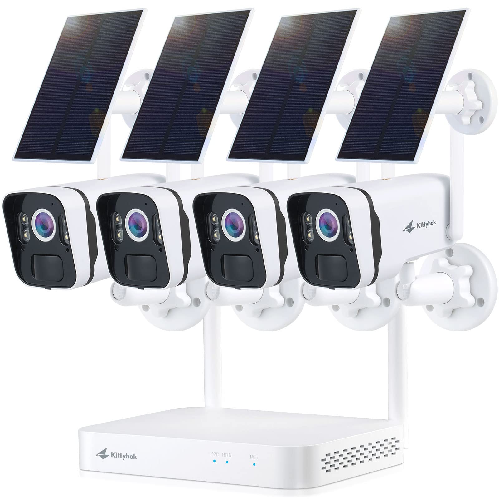 Kittyhok Solar Home Security Camera System, 4Pcs 2K Ultra Solar Security Cameras Wireless Outdoor, Smart Human Detection, Spotlight, Forever Power, 10Ch Nvr, 60 Days Local Storage, 0 Monthly Fee