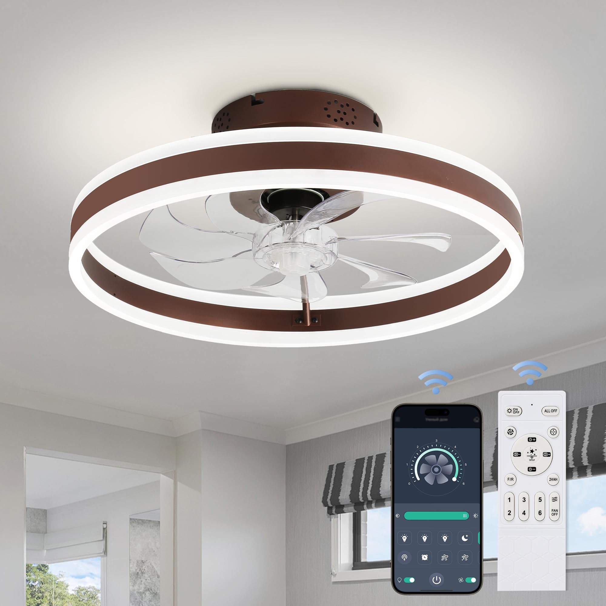 Oaks Aura 20 Inch Ceiling Fan with Lights, Flush Mount Fandelier Ceiling Fan with Remote Control and APP,Reversible Blades,3 Col