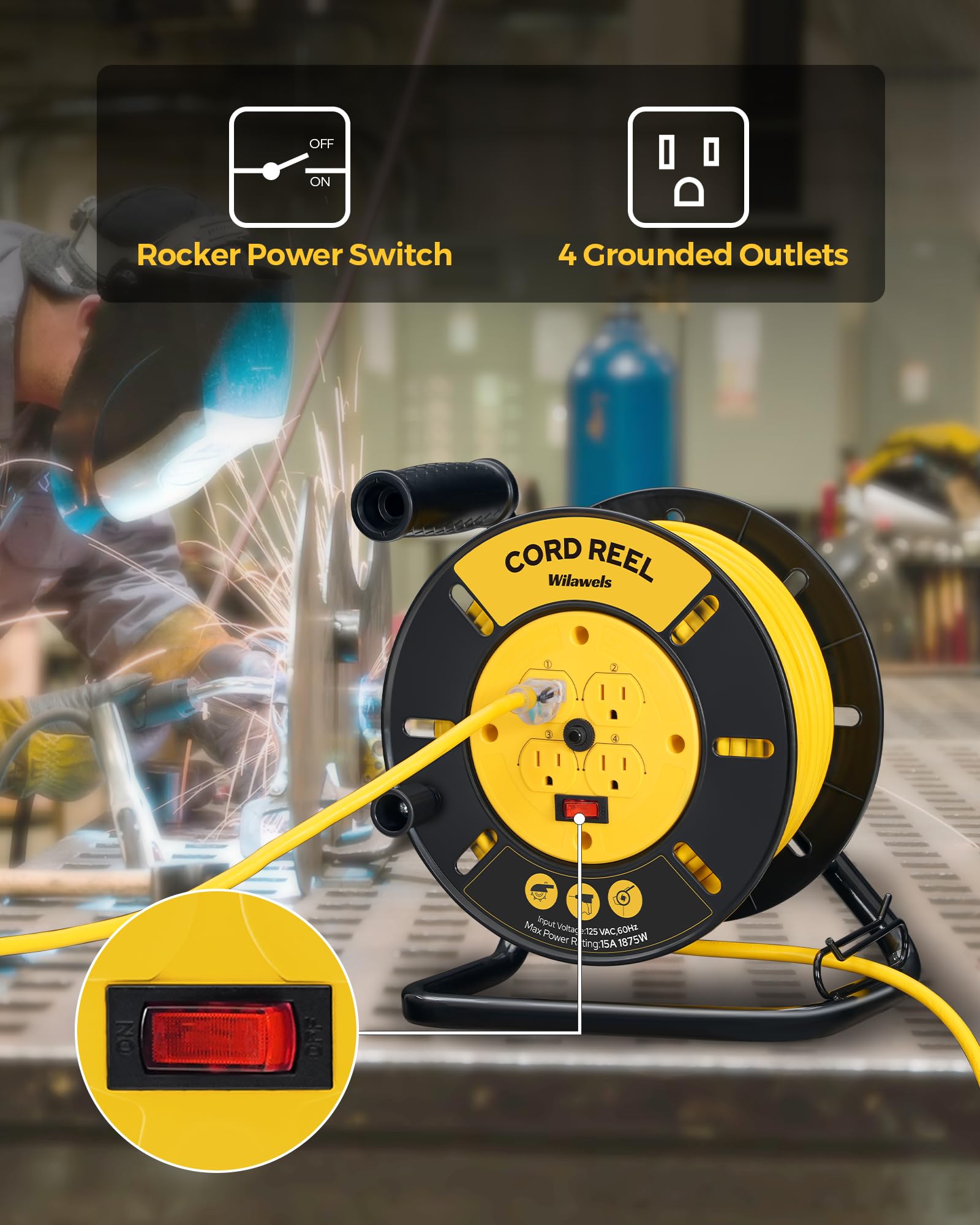 WILAWELS Extension Cord Storage Reel 4-Grounded Outlets 15A Circuit Breaker Heavy Duty Hand Wind Yellow Y95CR06