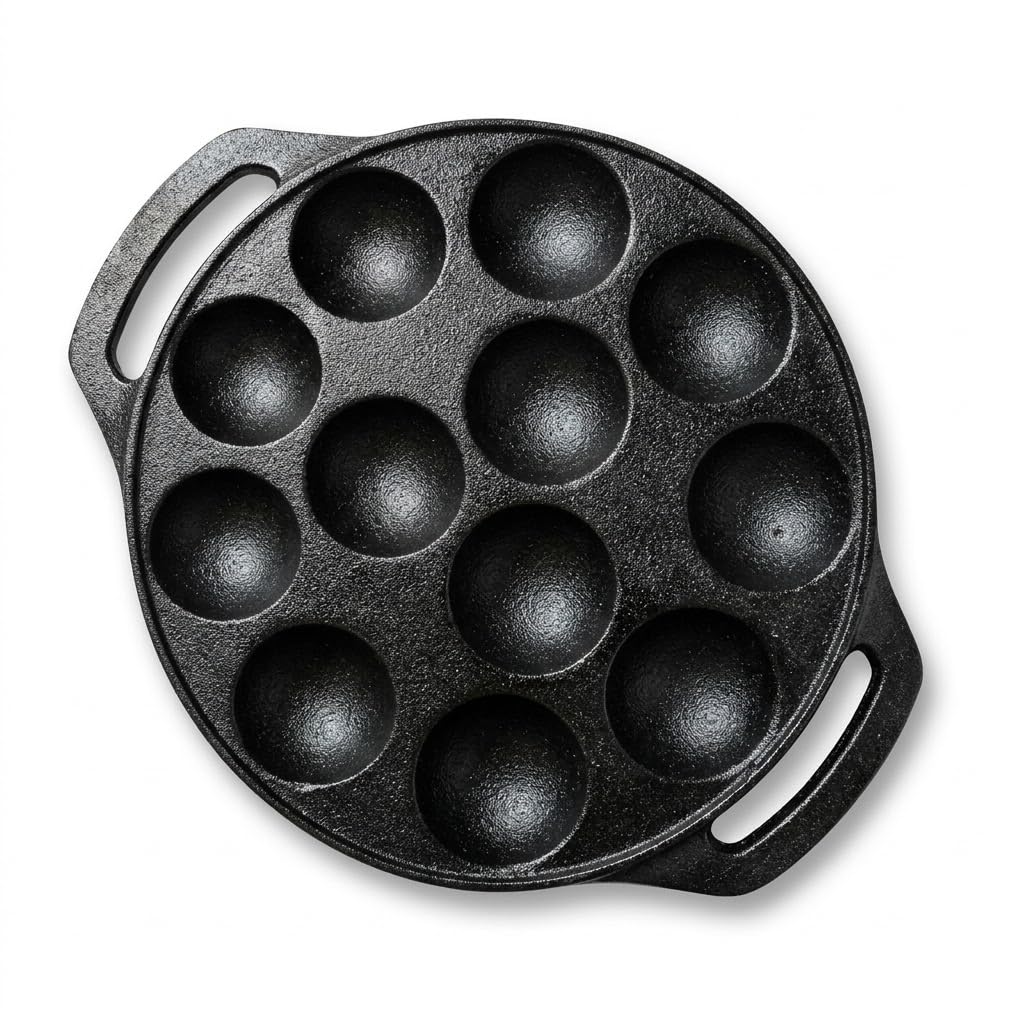 Drumstone 12 Cavity Cast Iron Paniyaram Pan Pre Seasoned Appam Maker Induction Gas Compatible Heavy Duty Kuzhi Pan