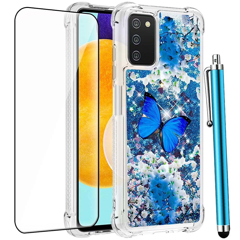Caiyunl For Samsung Galaxy A03S Case With Tempered Glass Screen Protector, Glitter Bling Flowing Liquid Sparkle Women Girls Soft