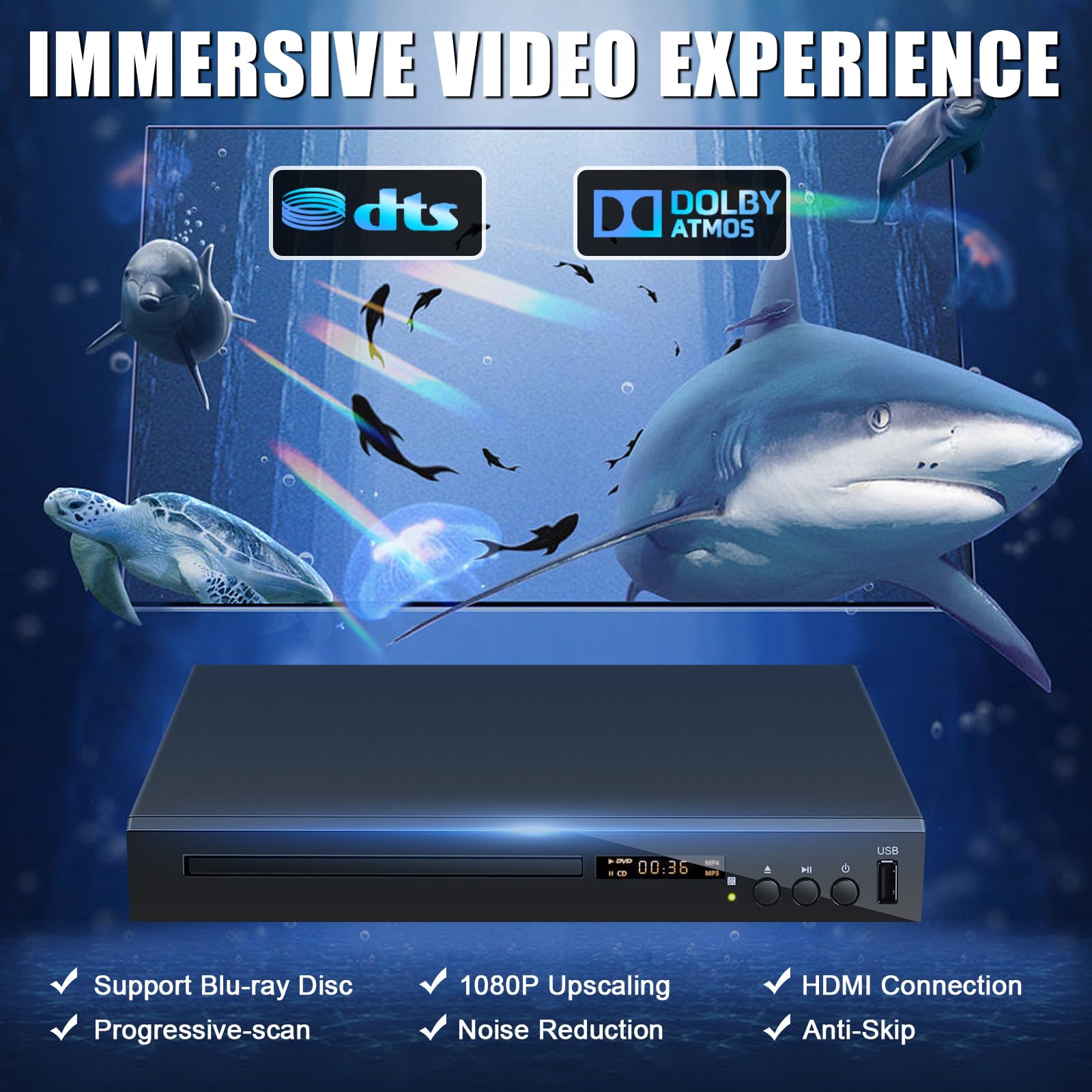 Jovell Hd Blu Ray Dvd Player, Region A/1, 1080P, Multi Format, Hdmi/Av/Coaxial Output, Usb, Dolby Sound, Includes Hdmi Cable, Re