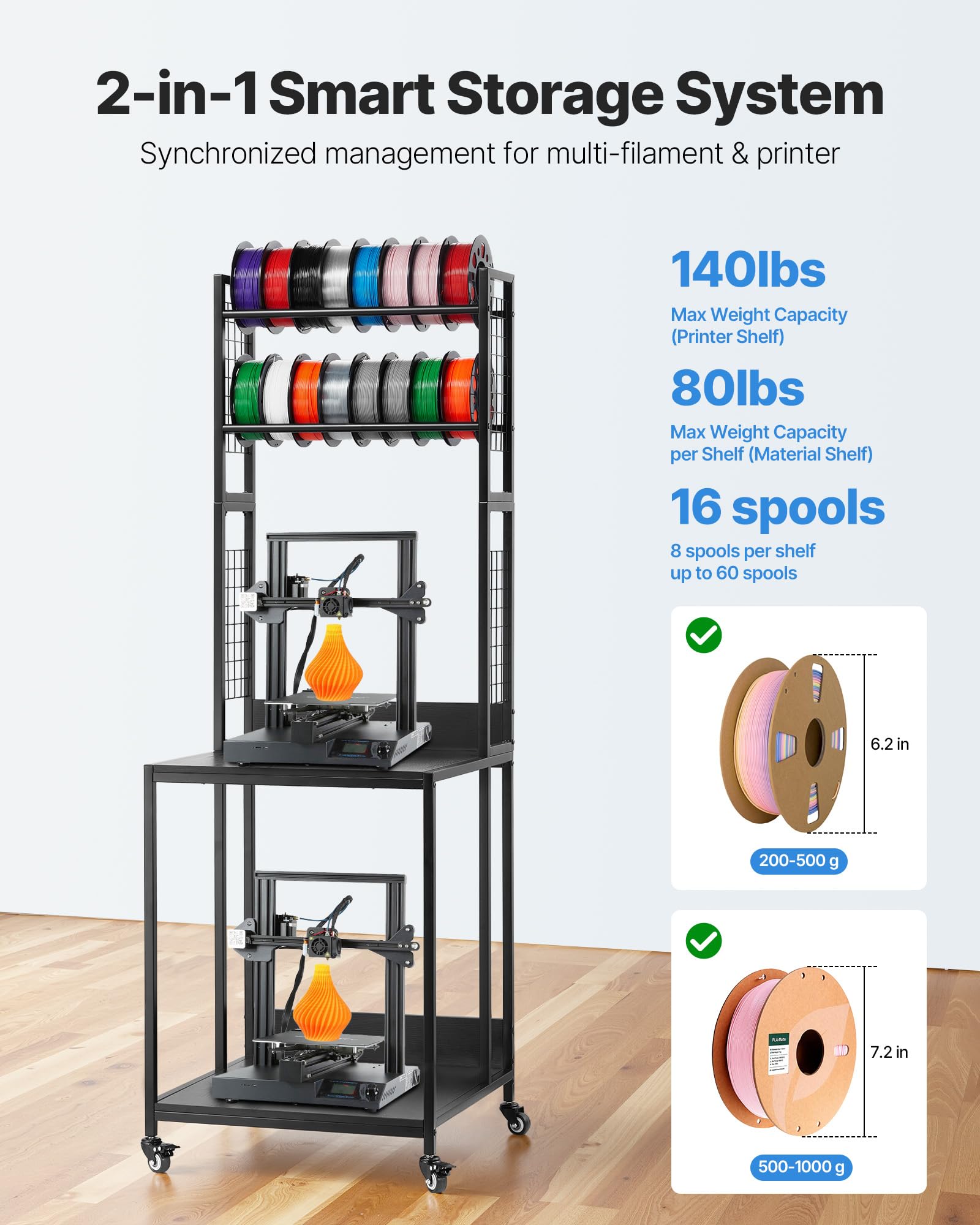 Vevor 3D Printer Filament Storage Rack, 4-Tier 3D Printer Stand With Filament Storage, Spools Holder Racks Cart With Wheels, Fil