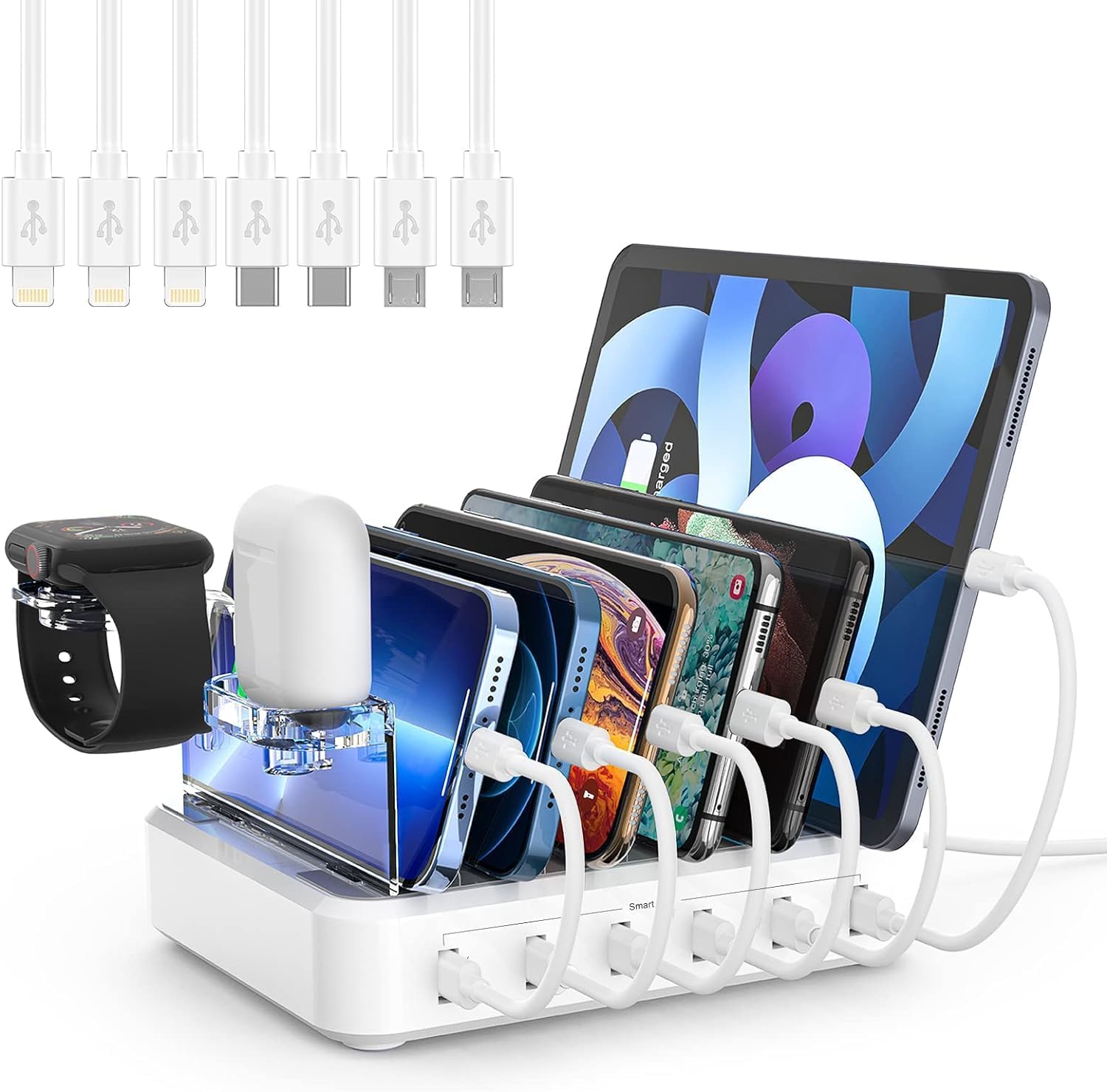 Charging Station For Multiple Devices,60W 6 Port Charger Station With 7 Mixed Charging Cables,Usb Charging Dock,Compatible With