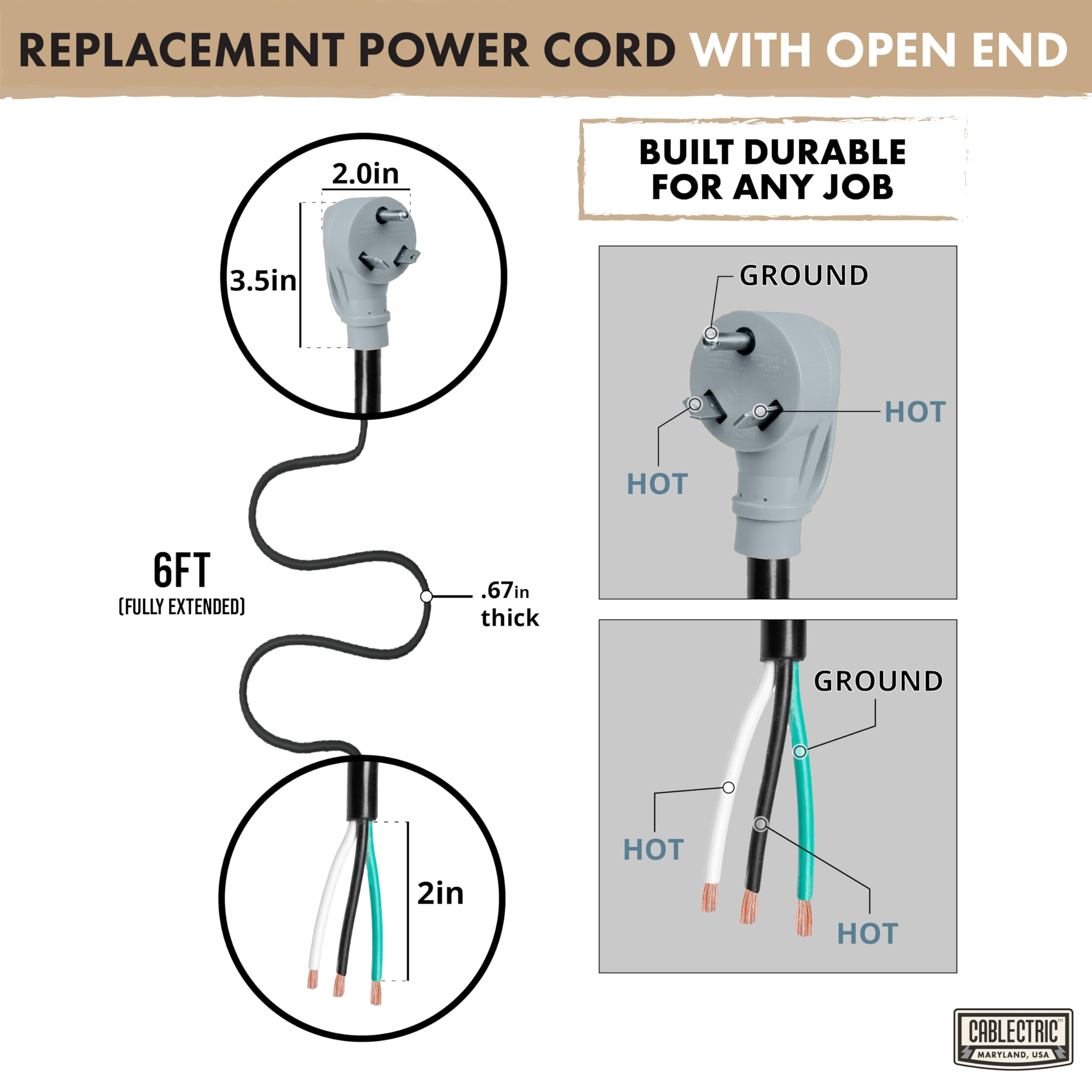 Cablectric 30 Amp Rv Replacement Power Cord - 6Ft 10 Gauge Ev Extension Cable Nema Tt-30P To Open End 3 Wire - Heavy Duty 30 Amp