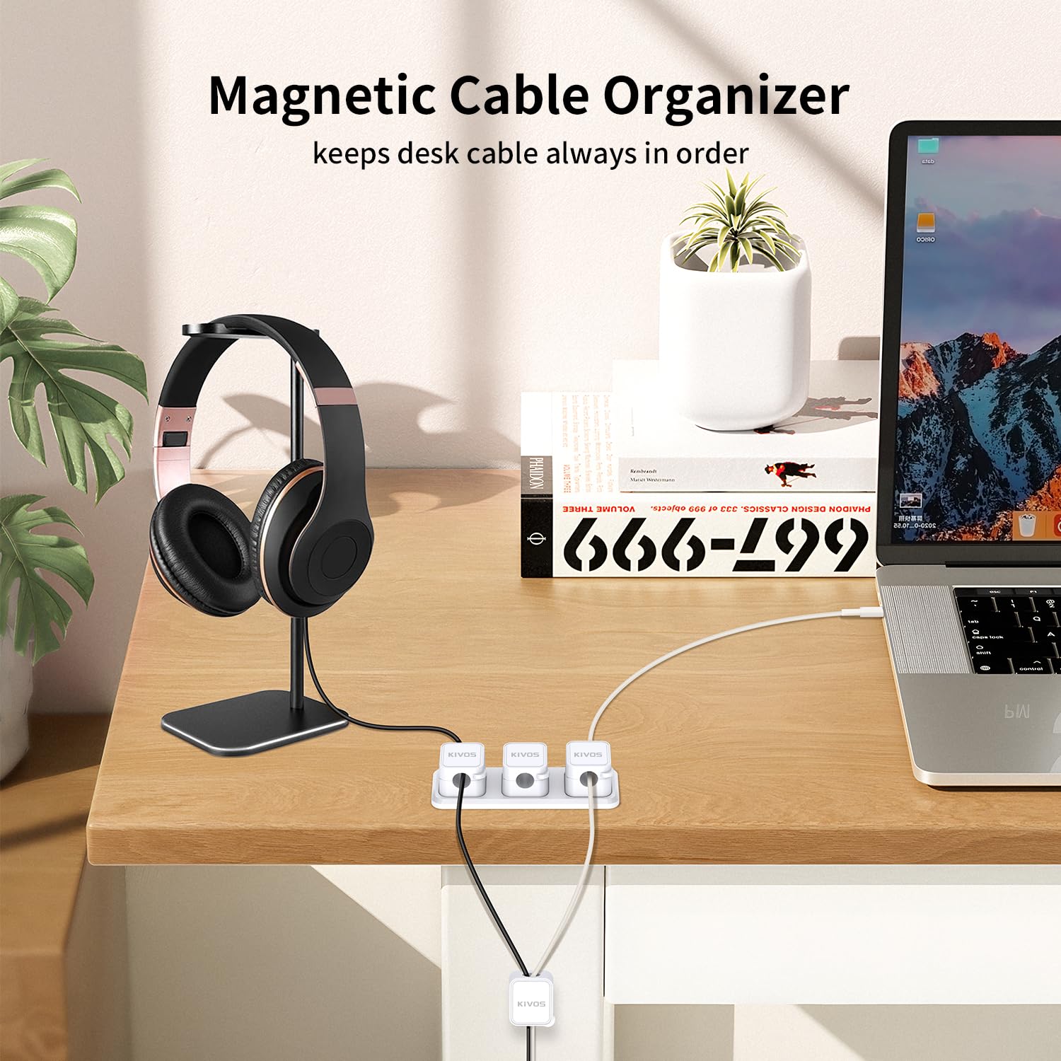 KIVOS Magnetic Cable Clips L1 6 Pack Cord Organizer for Desk Car Wall Plastic White