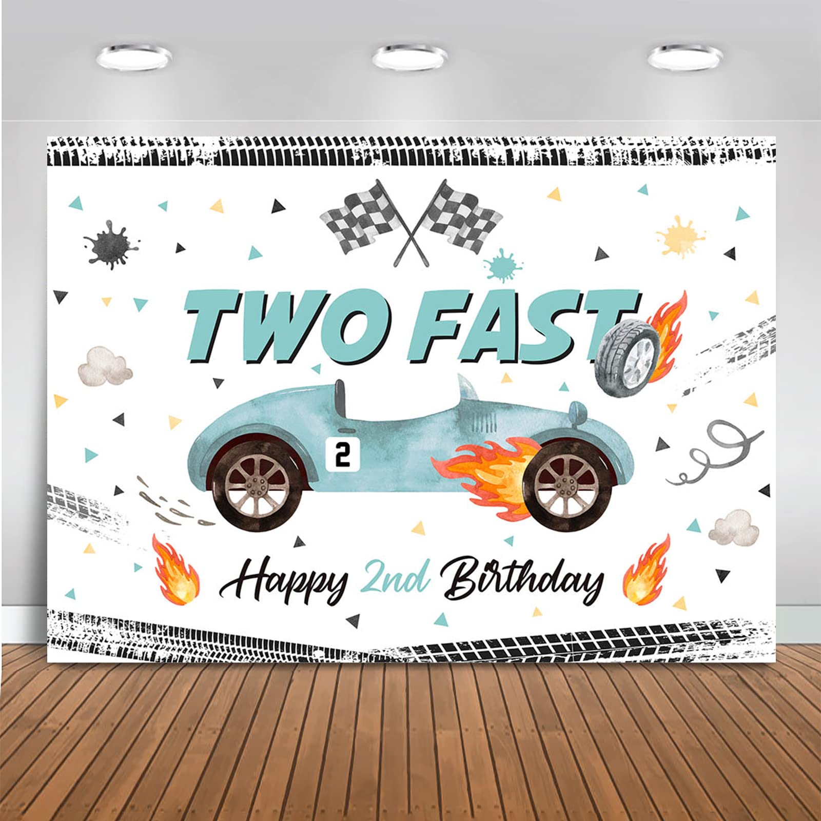 Mocsicka Two Fast Birthday Backdrop Race Car Happy 2Nd Birthday Photo Background Two Fast Birthday Decorations Photography Backg
