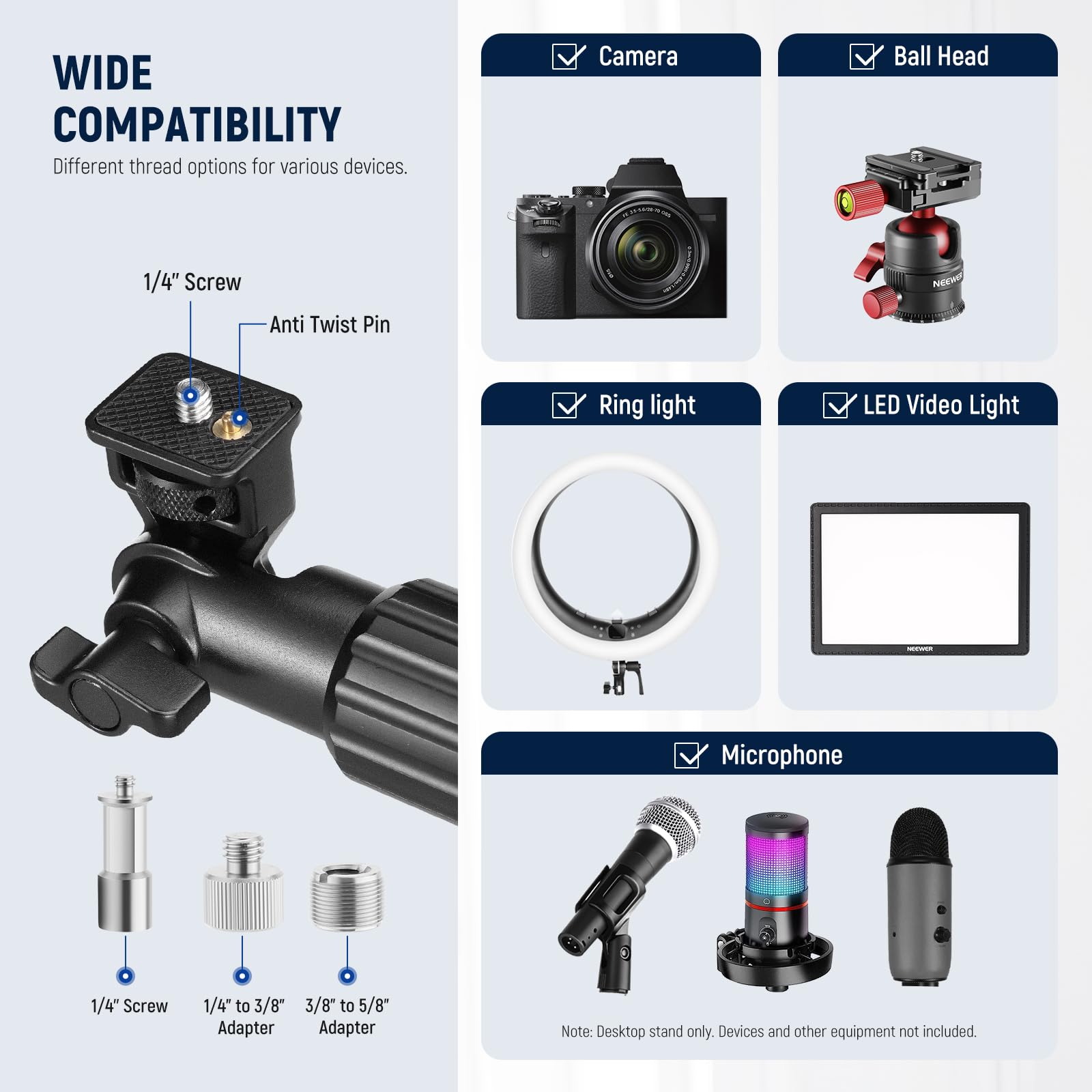 Neewer Overhead Camera Desk Mount Rig Stand With 2 Boom Arms For Photography Devices: Video Light Ring Light Phone Mount Webcam