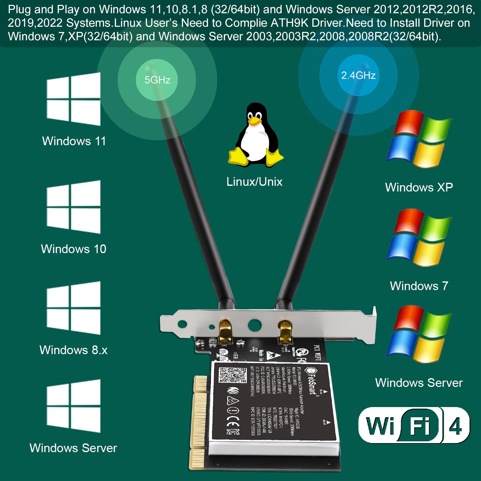 FebSmart PCI-N600 Dual Band 600Mbps Wireless N PCI WiFi Adapter for Windows 11 10 7 Desktop PCs Black