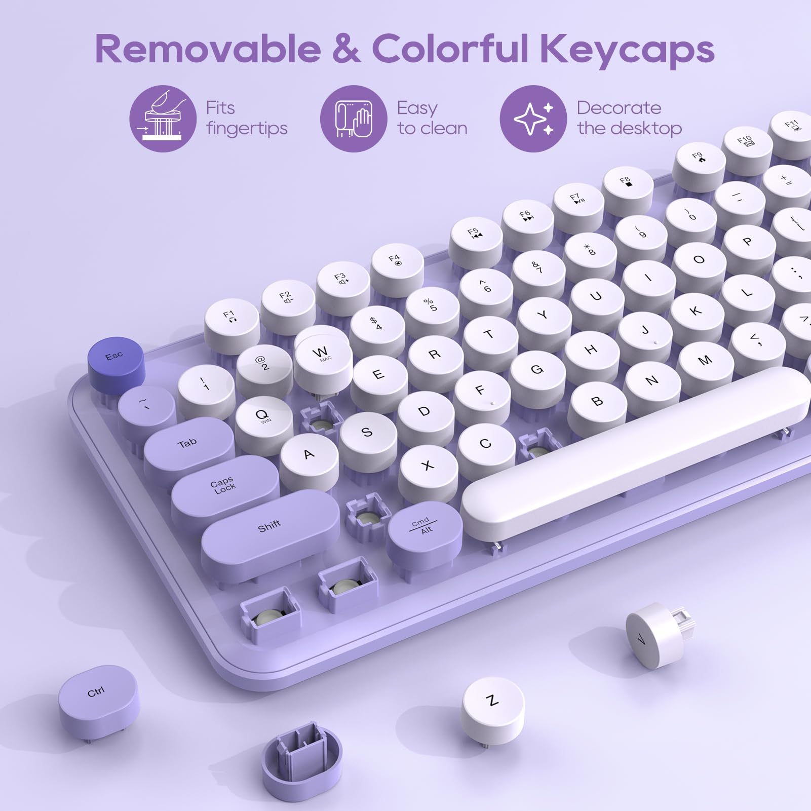 Wireless Keyboard And Mouse Combo, Cute Round Keycaps, Full Size Retro Typewriter Keyboard With Detachable Wrist Rest, 2.4Ghz Co