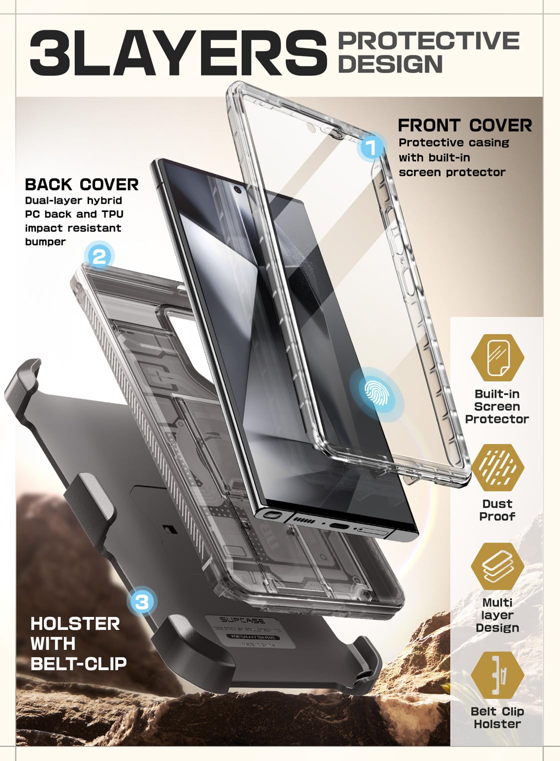 Supcase Unicorn Beetle Pro For Samsung Galaxy S24 Ultra Case With Stand, [2 Front Frame] 360 Full Body Belt Clip & Kickstand Cas