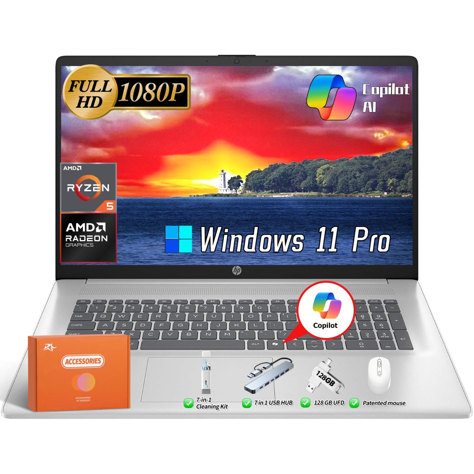 HP 2025 17 Inch Business Laptop Computer, AMD Ryzen 5 7520U (Up to 4.3GHz), 17.3 FHD Anti-Glare, 8 GB DDR5 RAM, 512 GB SSD, AMD