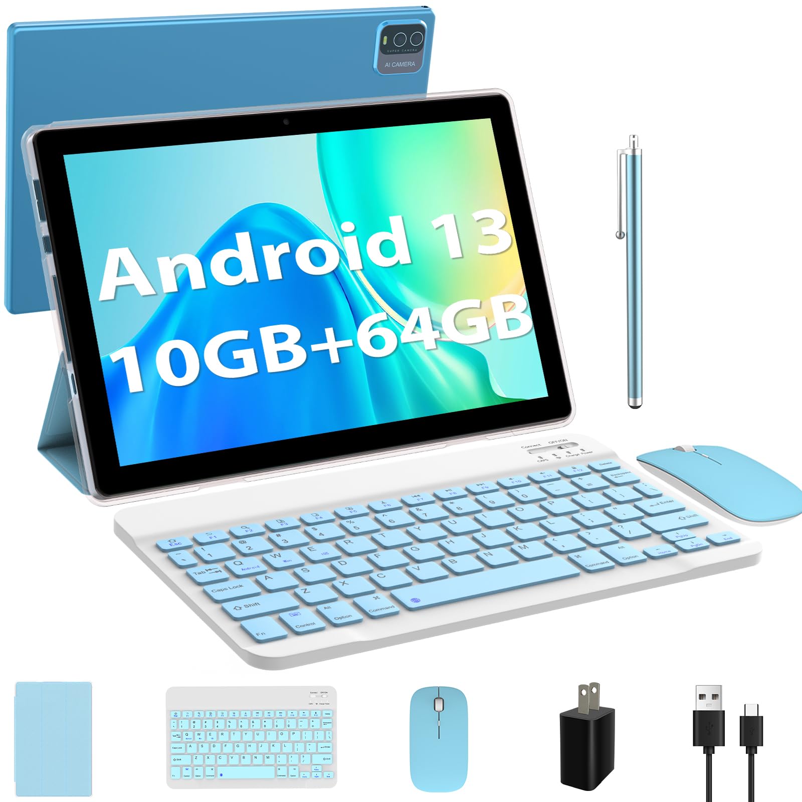 Android 13 Tablet With Keyboard, 10.1 Inch 10Gb Ram+64Gb Rom 2024 Newest 2 In 1 Tablets With Case Mouse Stylus, 1.8Ghz Quad Core