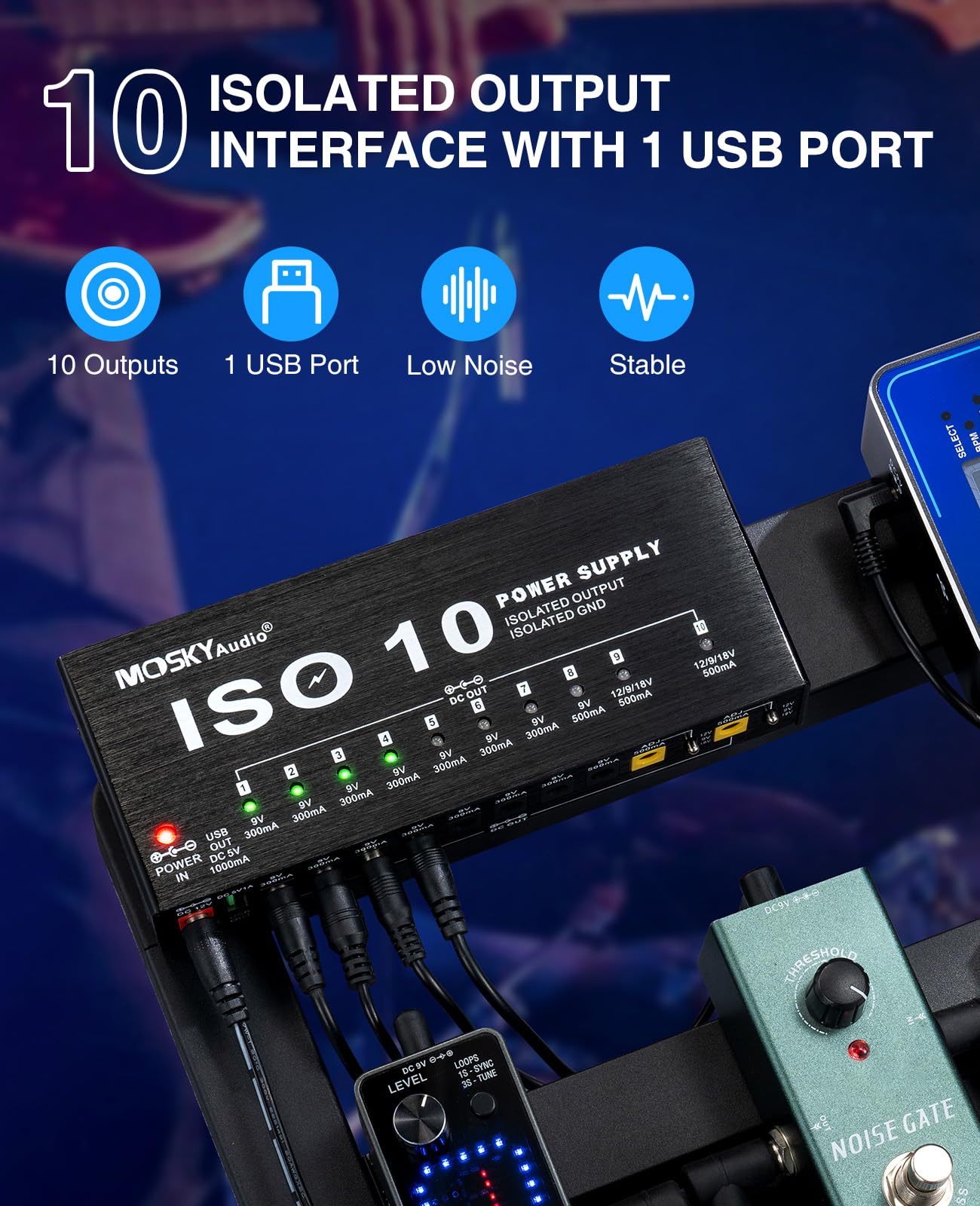 Mosky Guitar Pedal Power Supply 10 Isolated Dc Output, 9V 12V 18V 300Ma 500Ma Effect Pedal Boards Power Supply With Usb Port, Short Circuit Overcurrent Protection