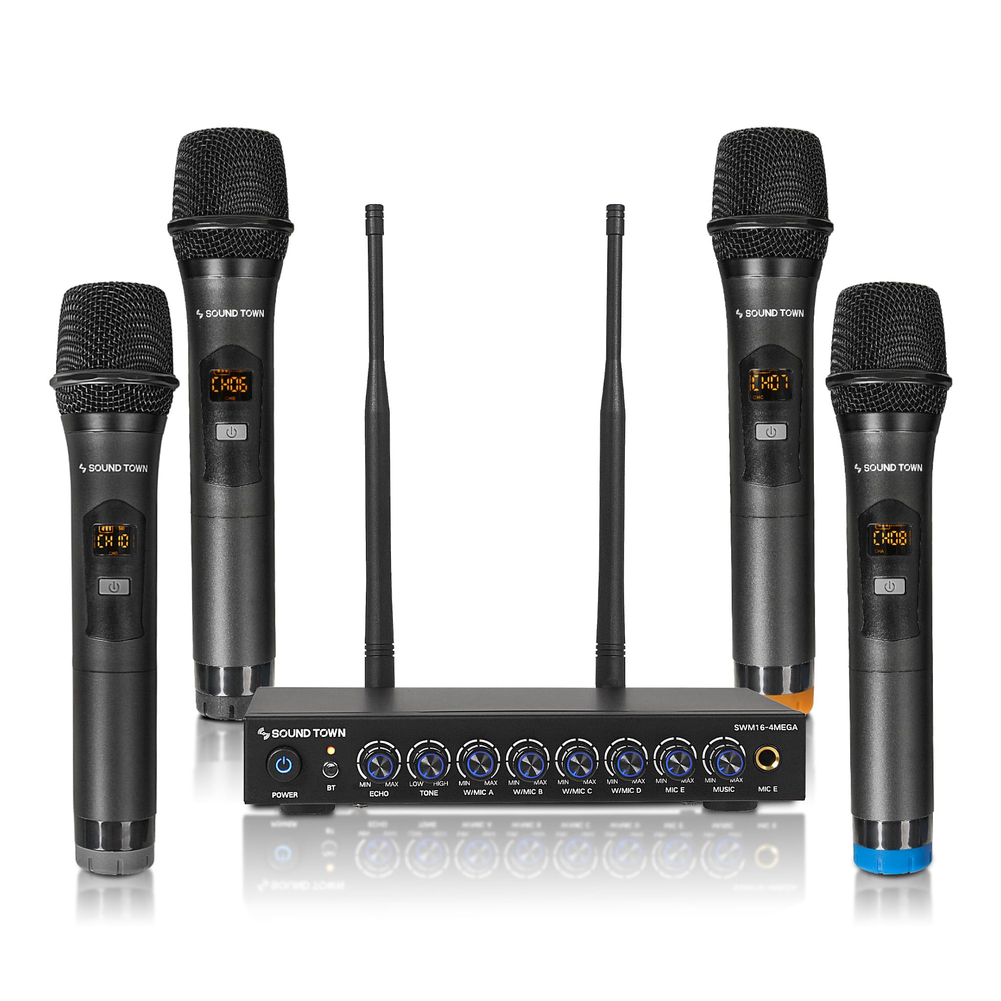 Sound Town 200 Channels Wireless Microphone Karaoke Mixer System, With 4 Metal Handheld Microphones, Optical (Toslink), Aux, For