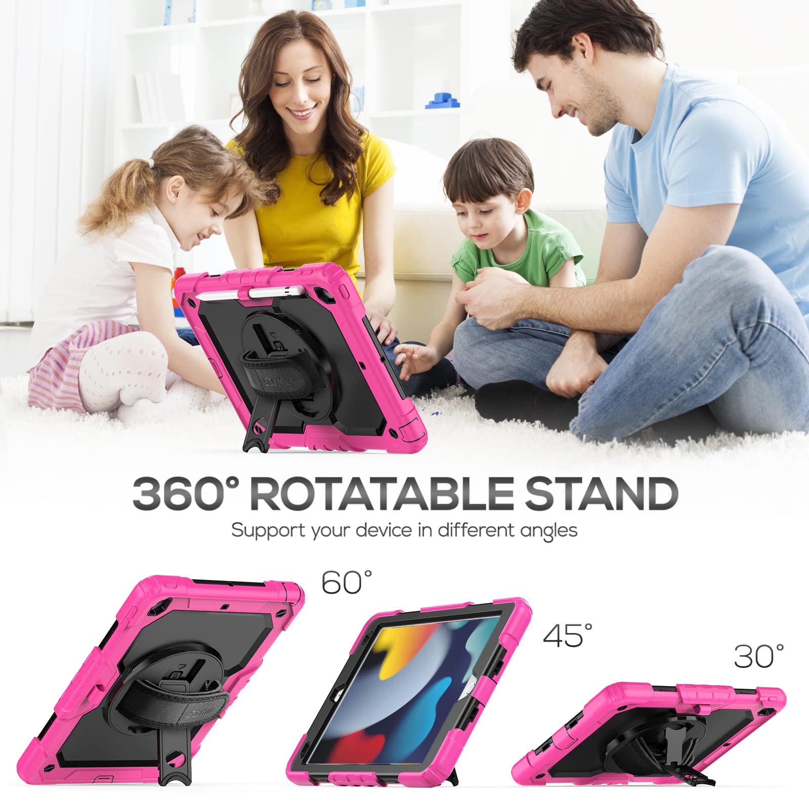 Seymac Case For Ipad 9Th/8Th/7Th Generation Case 10.2' 2021 2019, Full Body Shockproof Heavy Duty Protective Case With Screen Protector, Rotating Stand/Handle/Shoulder Strap For Ipad 10.2, Pink