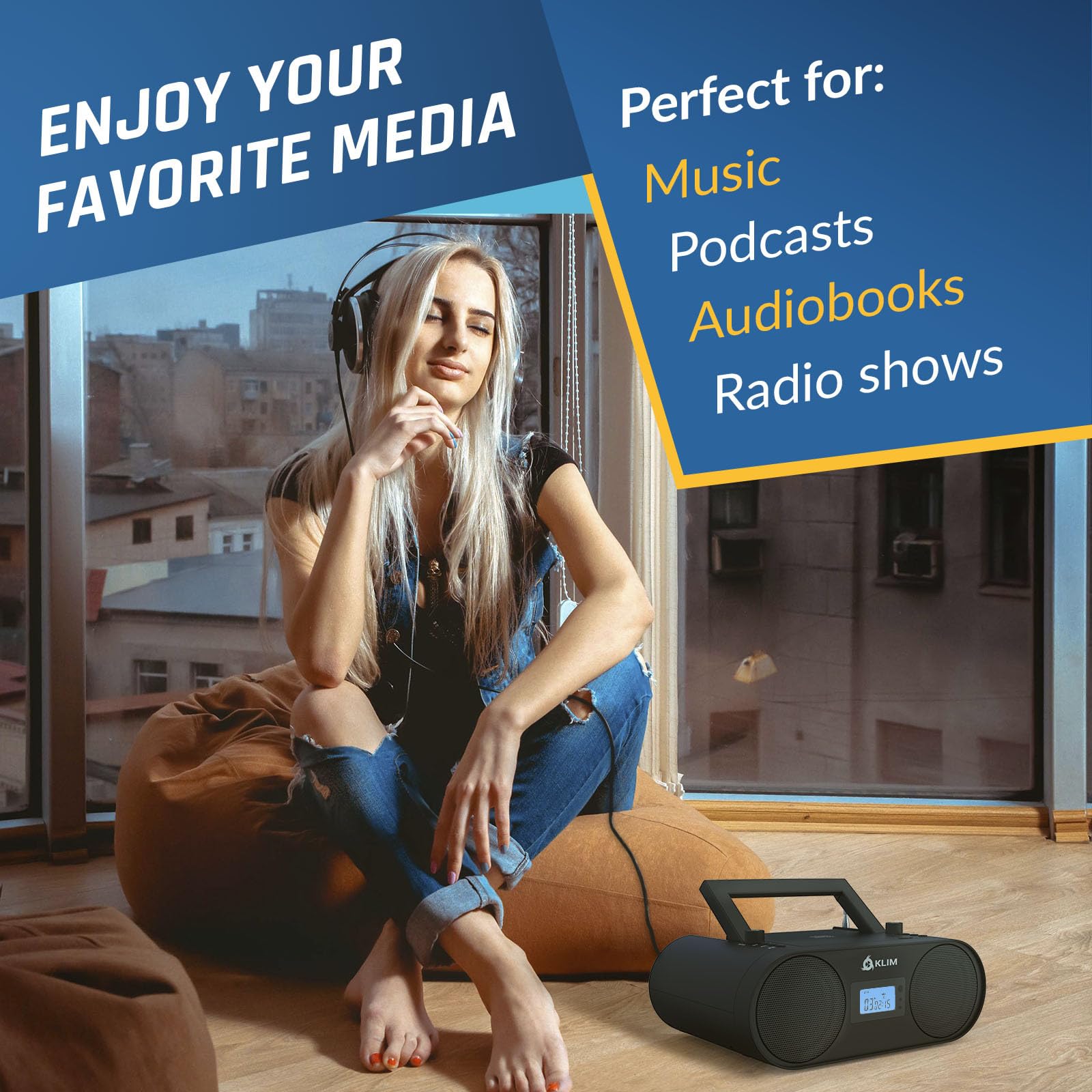 Klim Boombox B4 Cd Player Portable Audio System   New 2024   Am/Fm Radio With Cd Player Mp3 Bluetooth Aux Usb   Wired & Wireless