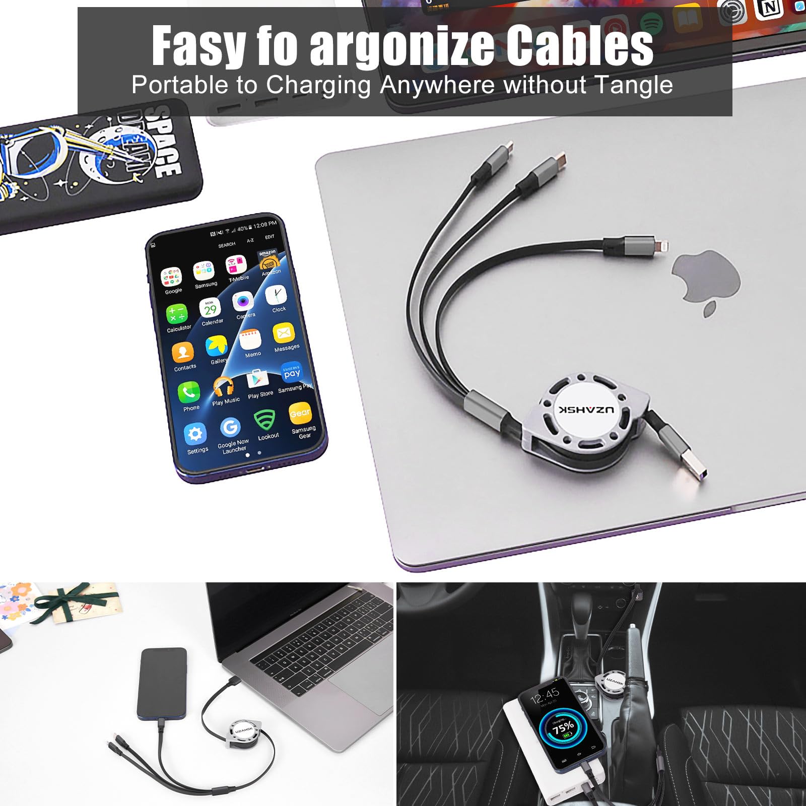Uzahsk Multi Charging Cable 4Ft 3 In 1 Usb Retractable Phone Charger Cable With Type C/Ios/Micro Usb Port Connector, Compatible