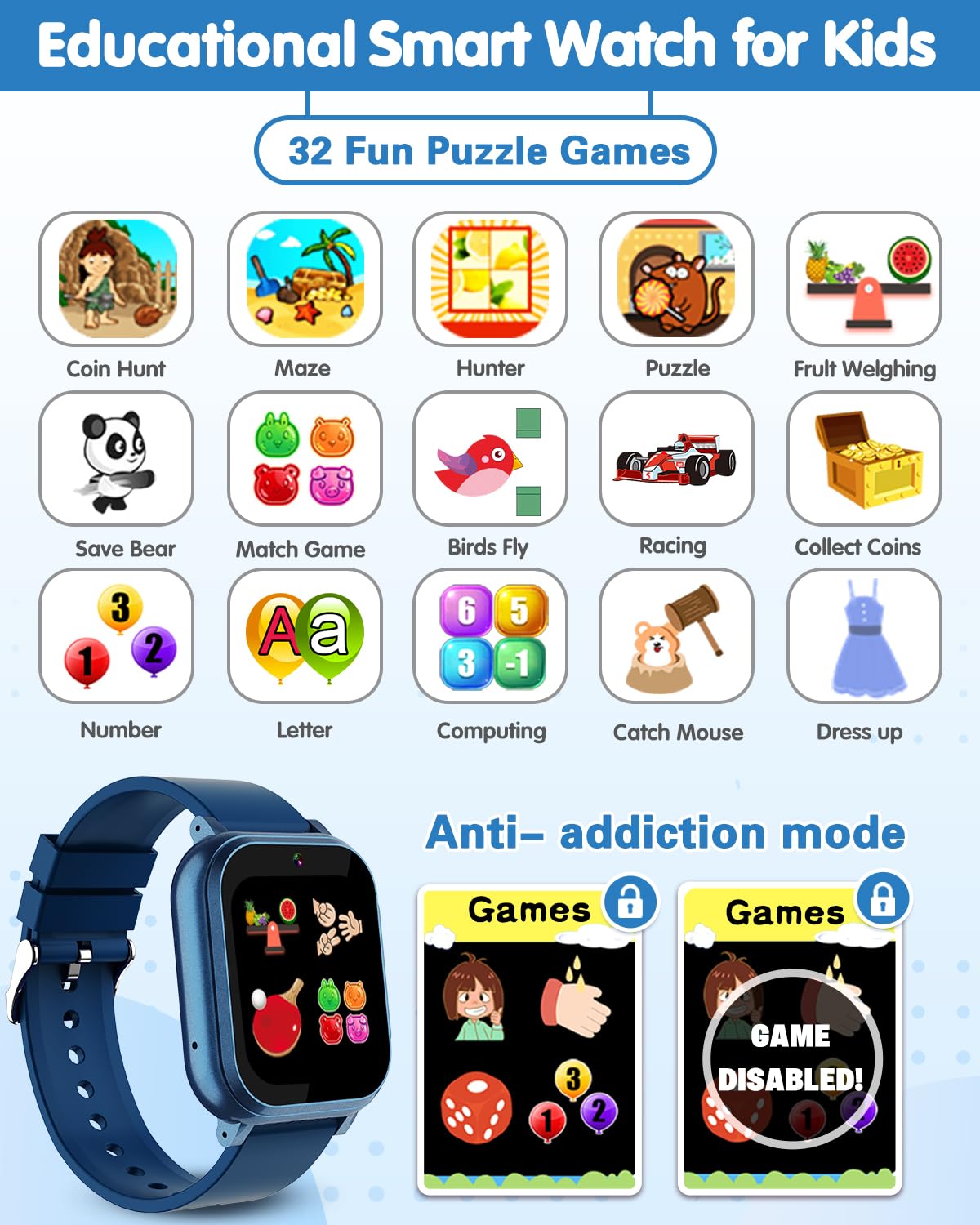 Waterproof Smart Watch For Kids With 32 Games Dual Camera, Habit Tracking, Alarm, Pedometer, Hd Touchscreen With Protector, Kids