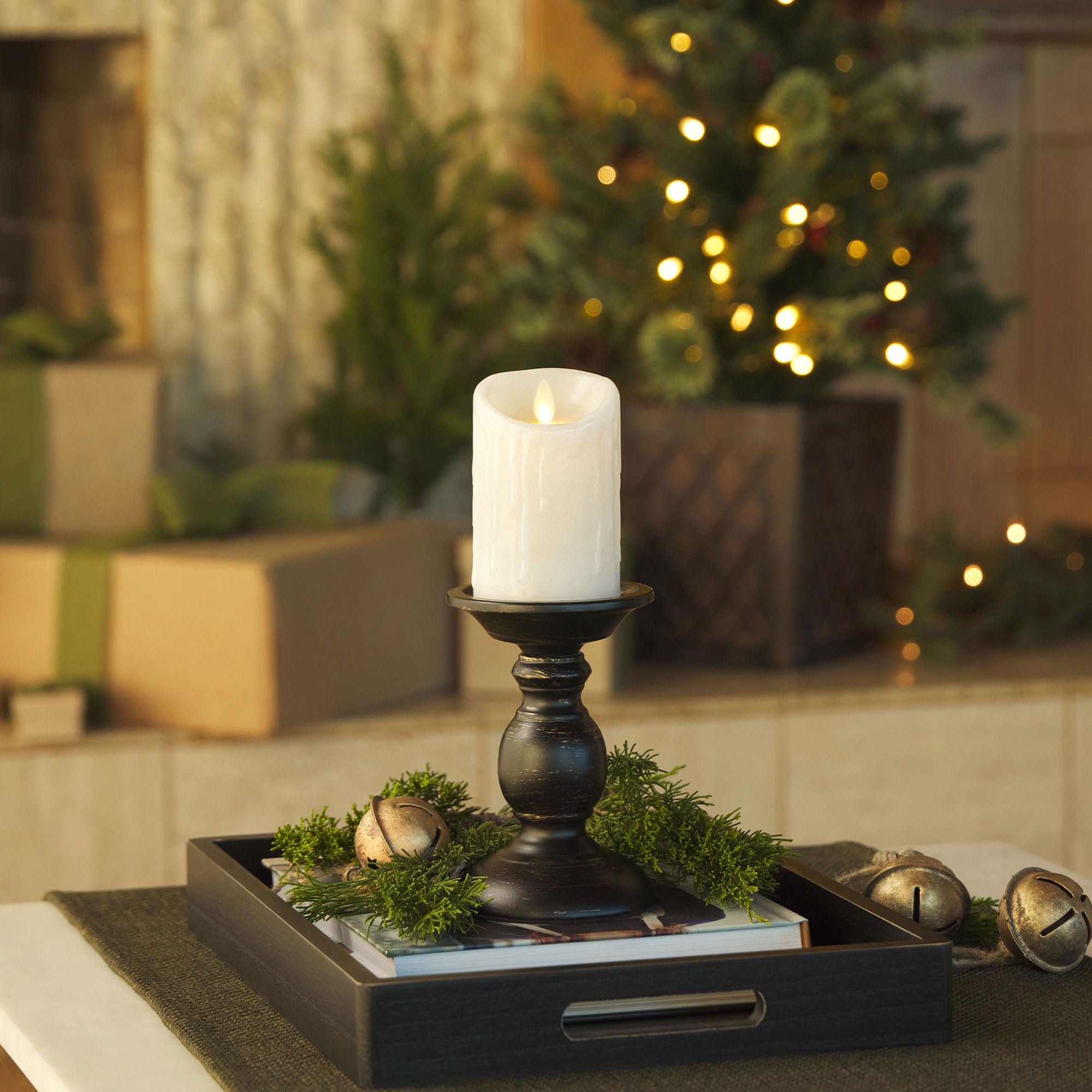 Luminara White Wax Drip Flameless Candle Led Battery Operated Moving Flame Lights Pillar Unscented Real Wax With Dripped Edge, T