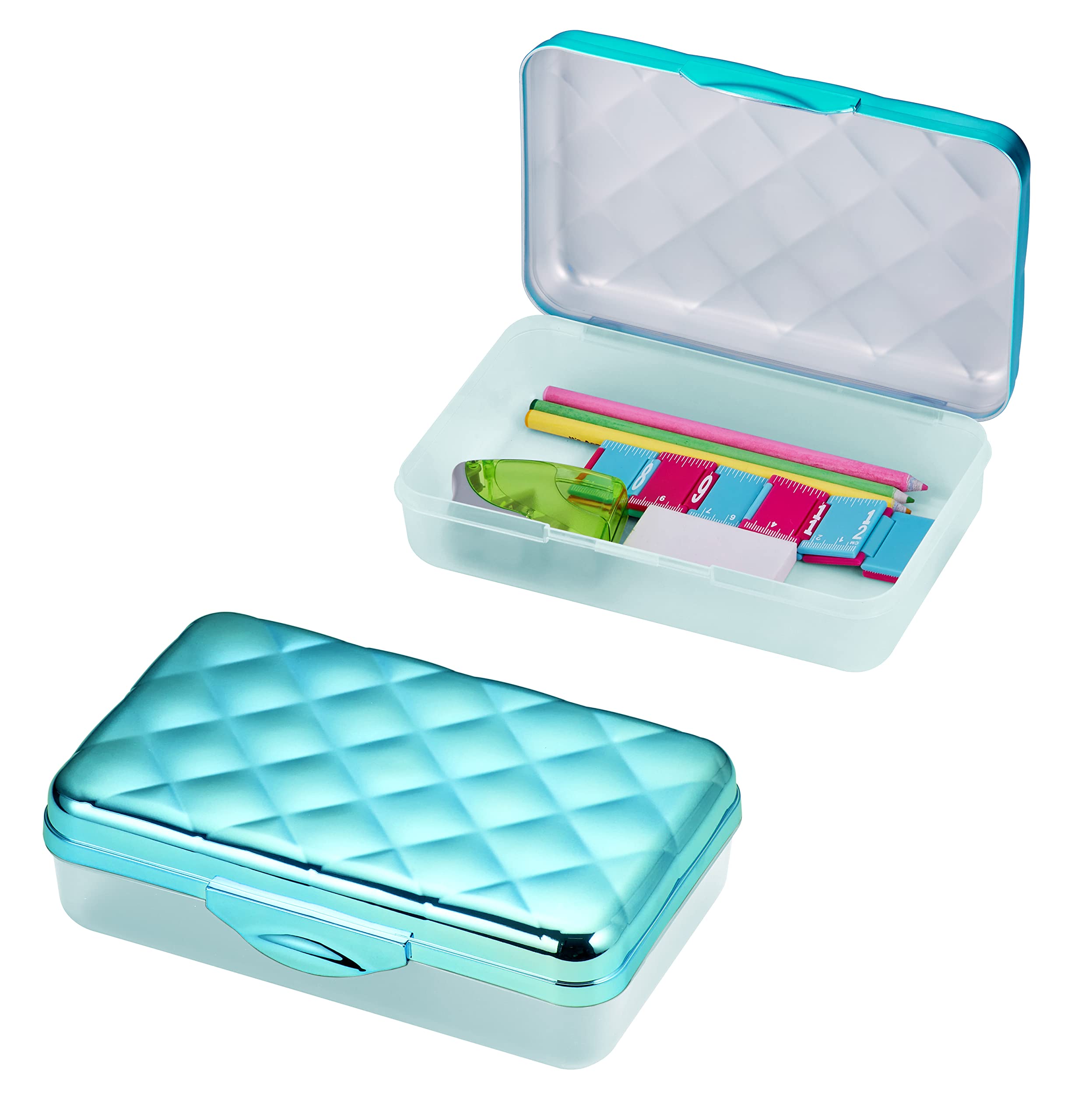 It'S Academic Metallic Pencil Case Box, Hard Plastic, Stylish Quited Pattern Lid, Blue