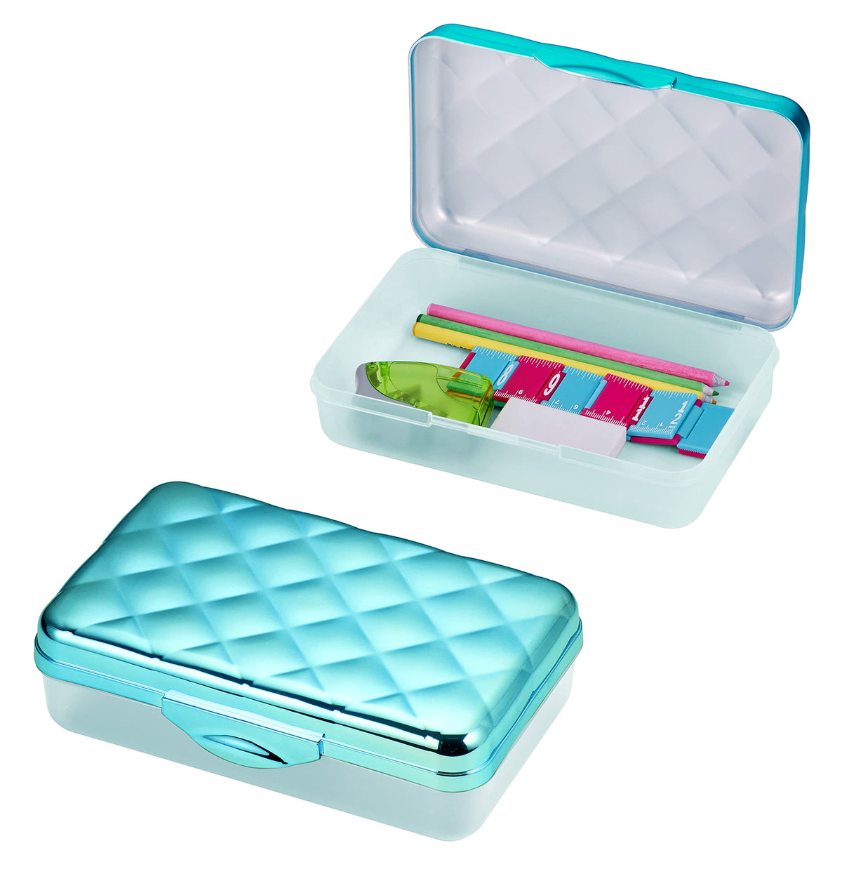 It'S Academic Metallic Pencil Case Box, Hard Plastic, Stylish Quited Pattern Lid, Blue