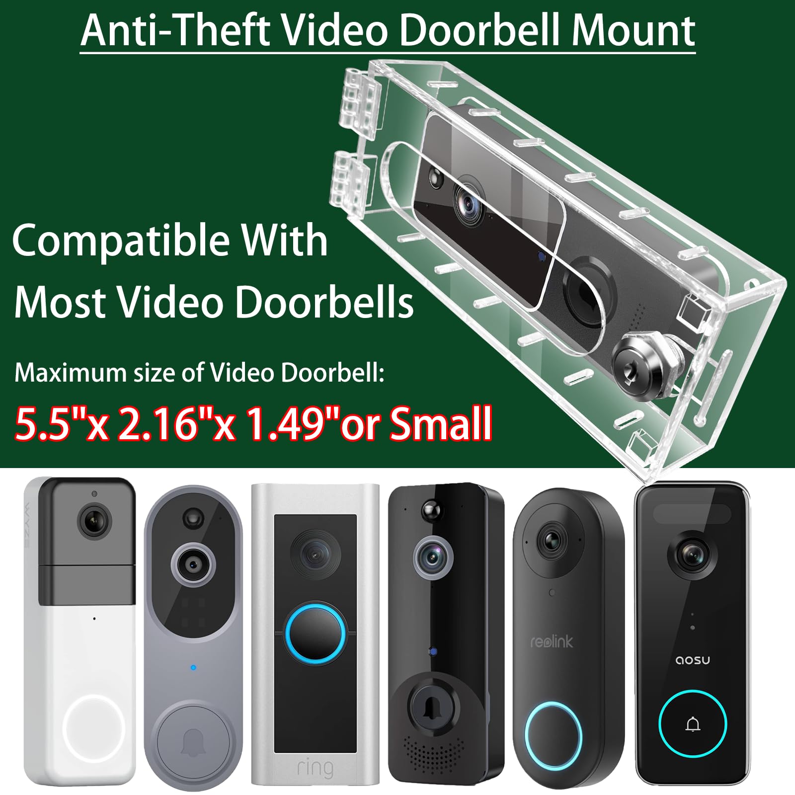 Groword Anti Theft Video Doorbell Mount Compatible With Most Video Doorbell, Acrylic,Highly Transparent Doorbell Lock Box Kit Fo