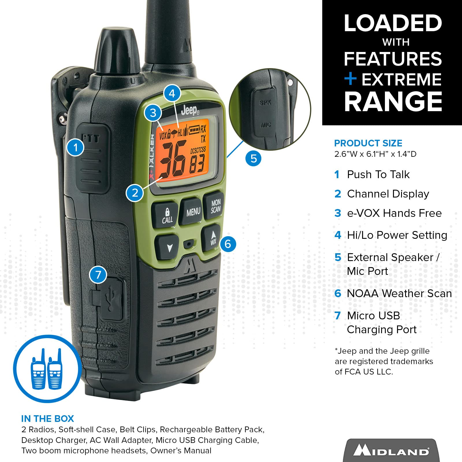 Midland   T77Vp5J Frs Jeep� X Talker Extreme Dual Pack   22 Channels, 121 Privacy Codes, Water Resistant   Clear Communication With Weather Alert   Jeep� Branded Carrying Case & Headset Included