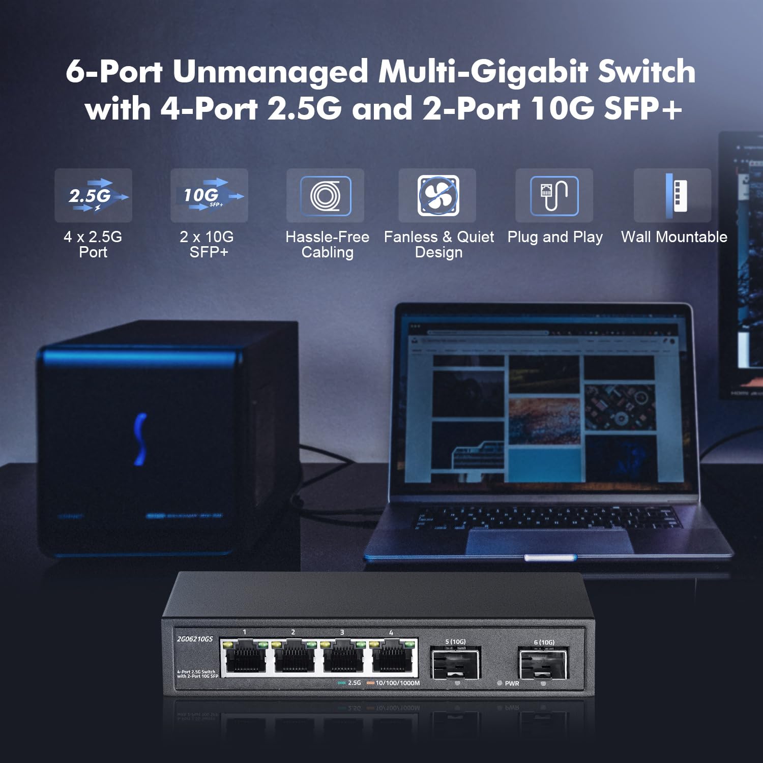 Yulinca 4 Port 2.5G Network Switch With 2X10G Sfp, 2.5Gbps Network Hub Ethernet Splitter, Compatible With 100/1000/2500Mbps, Mul