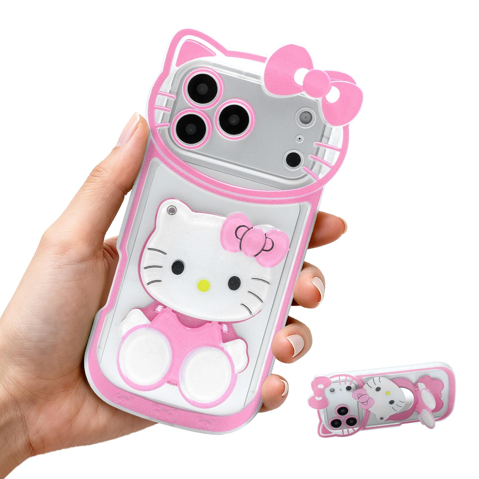GYHZKA Cartoon Case for iPhone 15 Pro 6.1, Cute Cat Phone Holder Stand with Makeup Mirror, Kawaii Phone Cases, Funny Cool Uniq