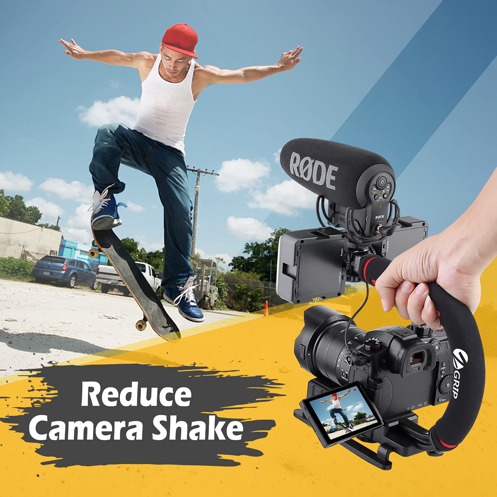 Zeadio Video Handheld Stabilizer, Triple Cold Shoe Handle Grip With Smartphone Holder?360� Ball Head Mount, Compatible With All Camera Sport Camera Dslr Smartphone