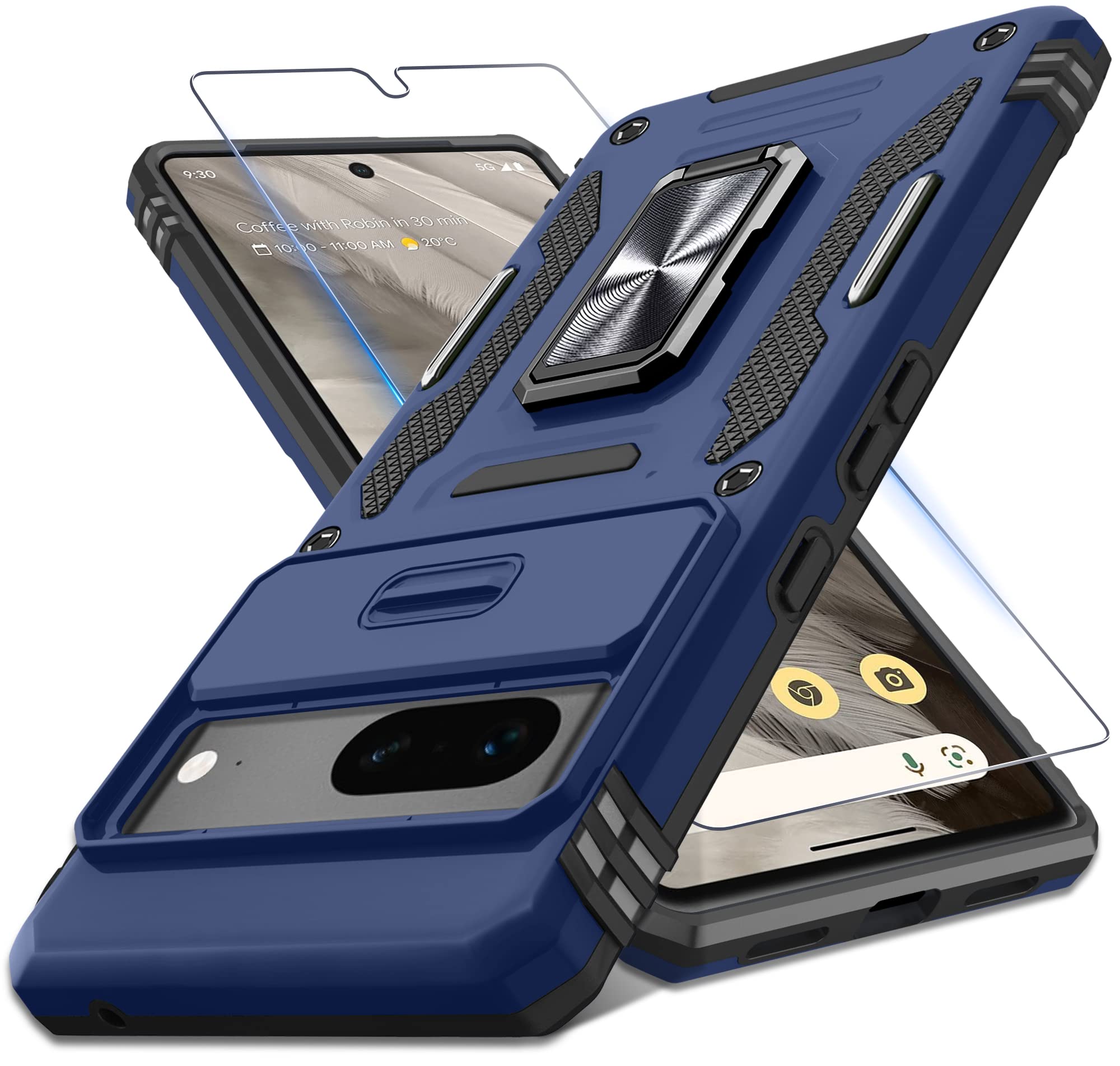 Deerlamn Case For Google Pixel 7 With Slide Camera Cover+Screen Protector(1 Pack), Rotated Ring Kickstand Military Grade Shockpr