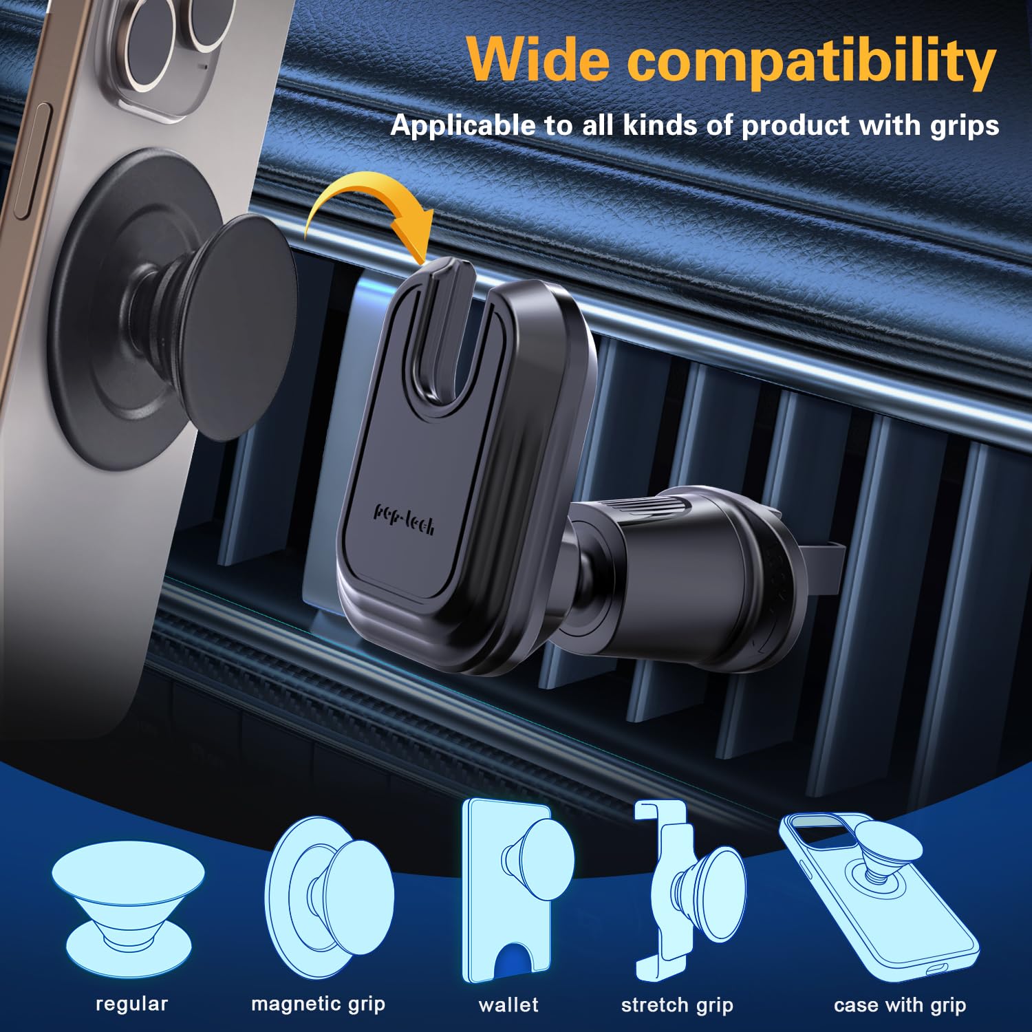 Pop-Tech Car Vent Phone Mount For Thick Socket Grip, Air Vent Clip Phone Holder Compatible With Magsafe Wallet Black & Iphone Sa