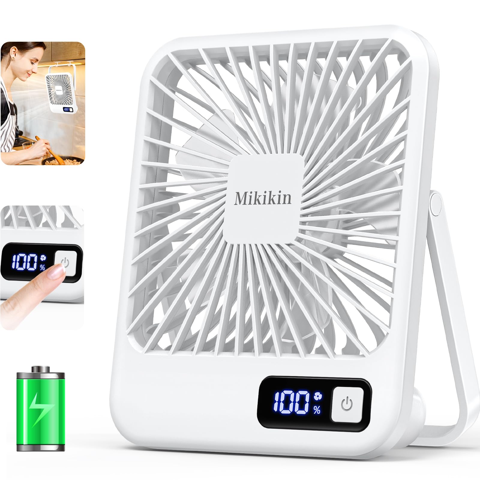Mikikin Table Fan Battery Rechargeable Fan, 2000Mah 180 Foldable Portable Personal Fan With Power Display, Ultra Quiet Desktop F