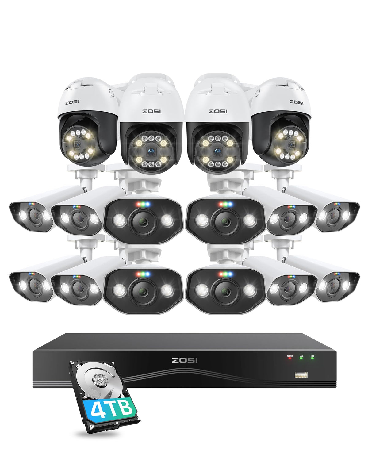 Zosi 4K 8Mp 16Ch Poe Security Camera System With Ai Human Face Vehicle Detect, 4K 16 Port 32Ch H.265+ Poe Nvr With 4Tb, 16 X 8Mp