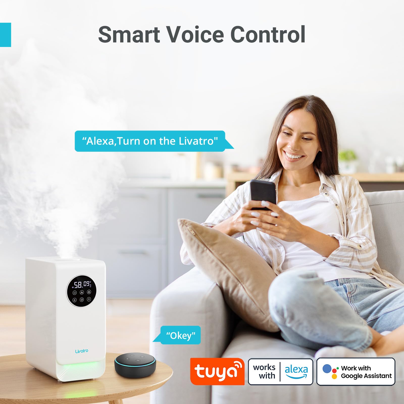 Livatro 6L Smart Humidifier For Large Room, Warm & Cool Mist With Top Fill Design, Alexa & App Control, Essential Oil Compatible