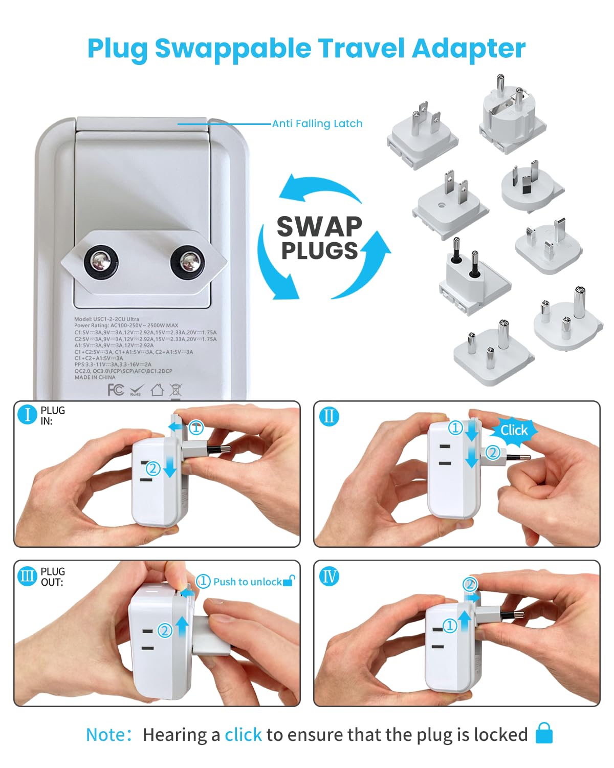 Universal Travel Adapter Kit, Vintar Pd 35W International Power Adapter With 4 Ac 3 Usb Ports(2 Usb C), Type A,B,C,D,E/F,G,I,M S